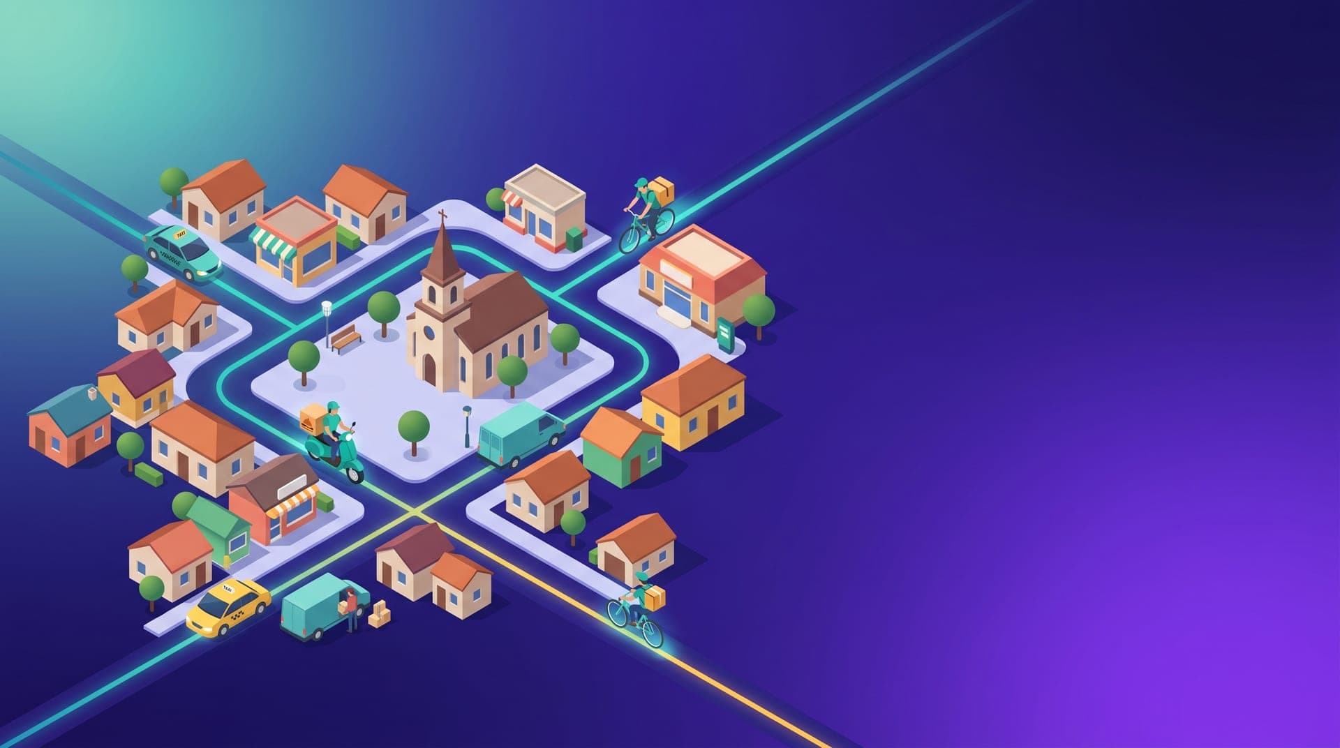 Ilustración isométrica de una ciudad pequeña con múltiples tipos de vehículos de servicio conectados