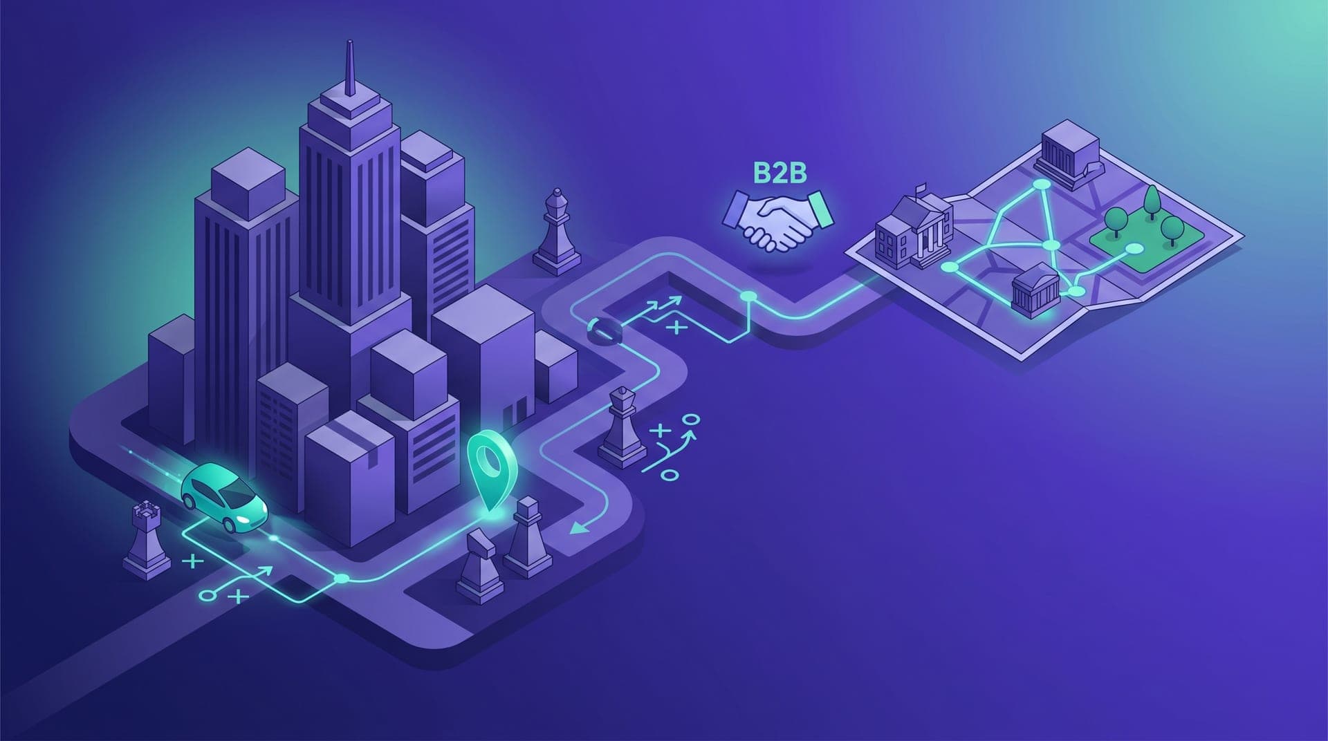 Ilustración isométrica de un mapa de ciudad con marcadores destacados y conexiones entre negocios locales