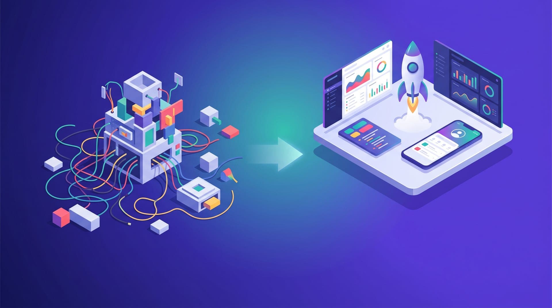 Ilustración isométrica de una plataforma de movilidad con dashboards y mapas sobre un fondo indigo