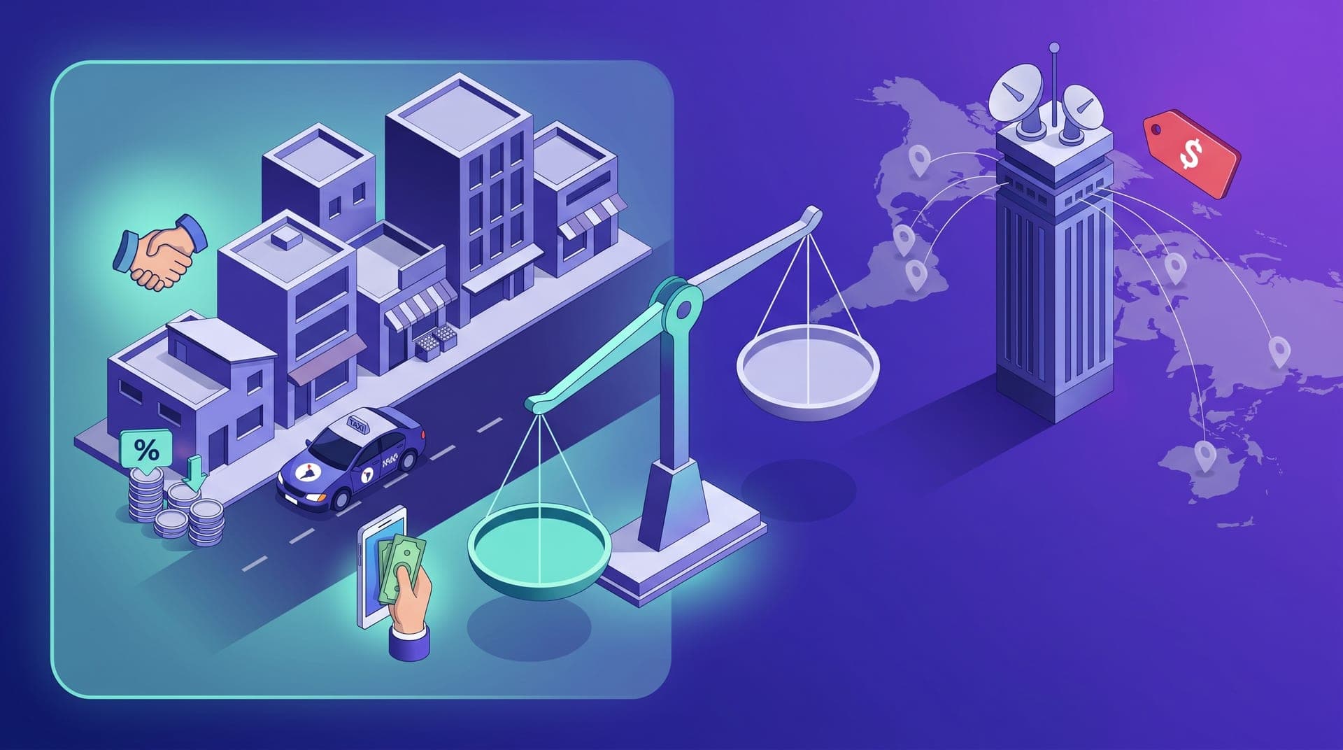 Ilustración isométrica de competencia en ride-hailing regional: balanza inclinada hacia un operador local con taxi de marca propia, monedas con porcentaje bajo de comisión y símbolo de pago en efectivo, frente a una torre de plataforma global con líneas de conexión delgadas a múltiples ciudades y una etiqueta de precio elevado en rojo