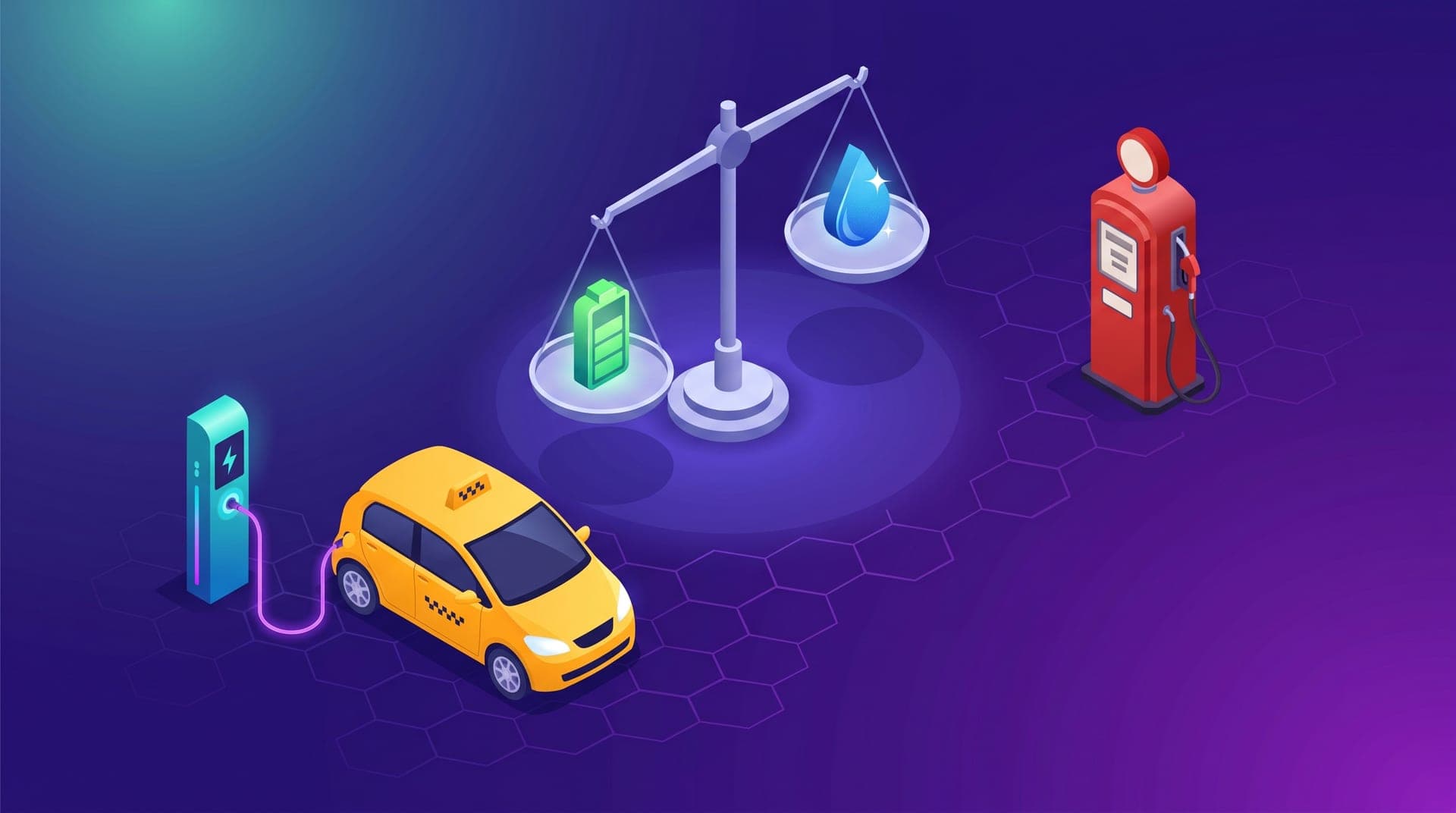 Ilustración isométrica de un taxi conectado a un cargador eléctrico junto a una bomba de gasolina, con una balanza entre ambos.
