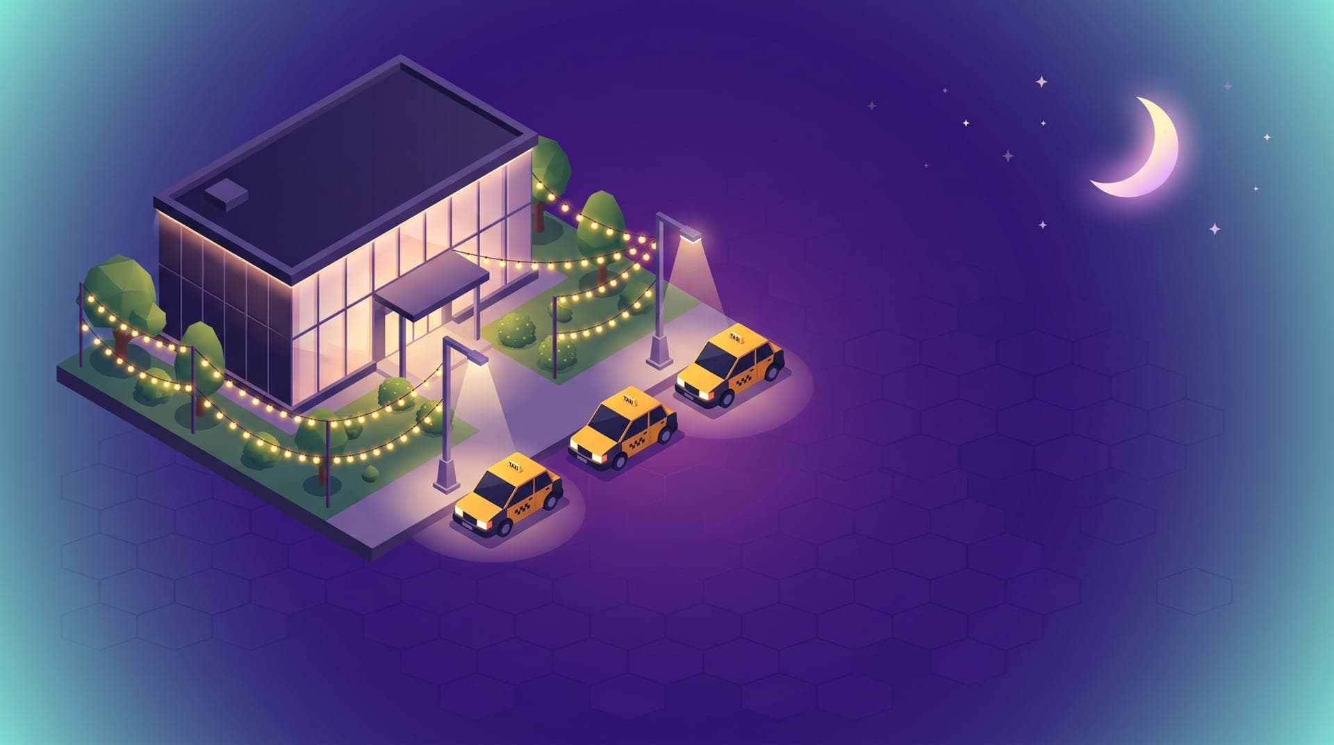 Ilustración isométrica de un salón de eventos iluminado de noche con guirnaldas de luces, varios taxis esperando en la entrada y una luna creciente.