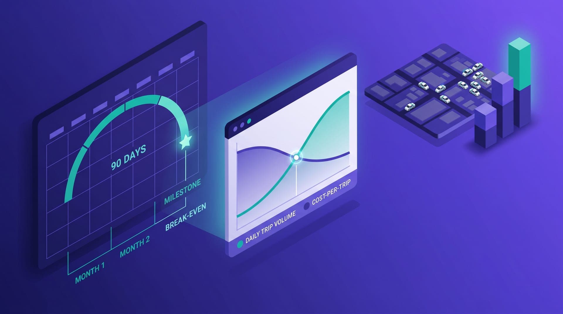 Isometric illustration of break-even in a new city: 90-day calendar divided into three phases with a teal equilibrium marker, dashboard panel with two crossing curves — rising trip volume and falling cost per trip — and a city map with driver icons growing in density beside a rising revenue bar