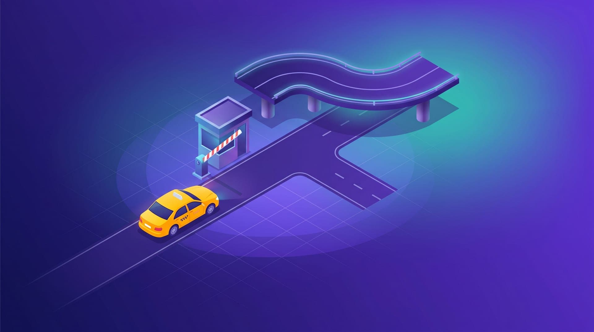 Ilustración isométrica de un taxi llegando a una caseta de peaje con la barrera levantada y una autopista al fondo.