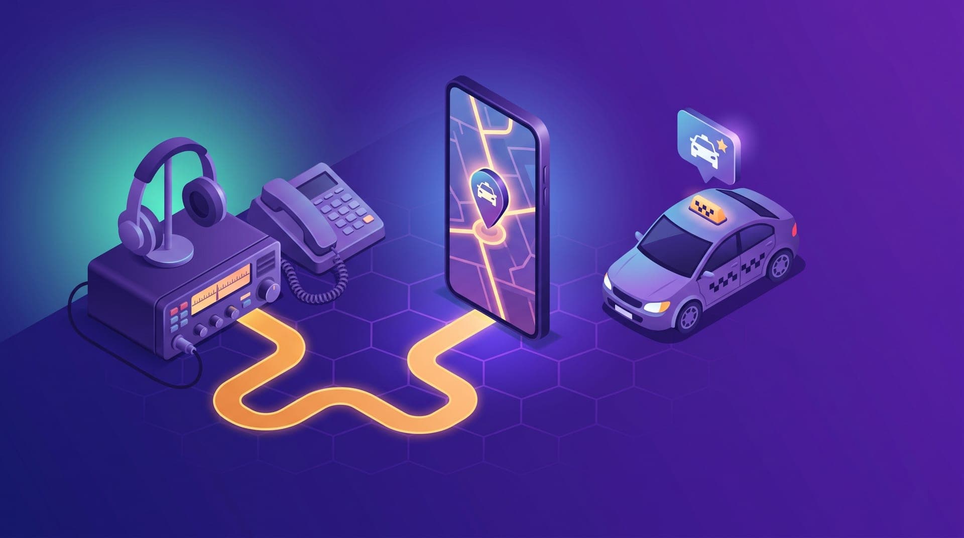 Ilustración isométrica de una consola de radio con auriculares conectada por una línea luminosa a un teléfono con app de taxi y a un auto de flota.