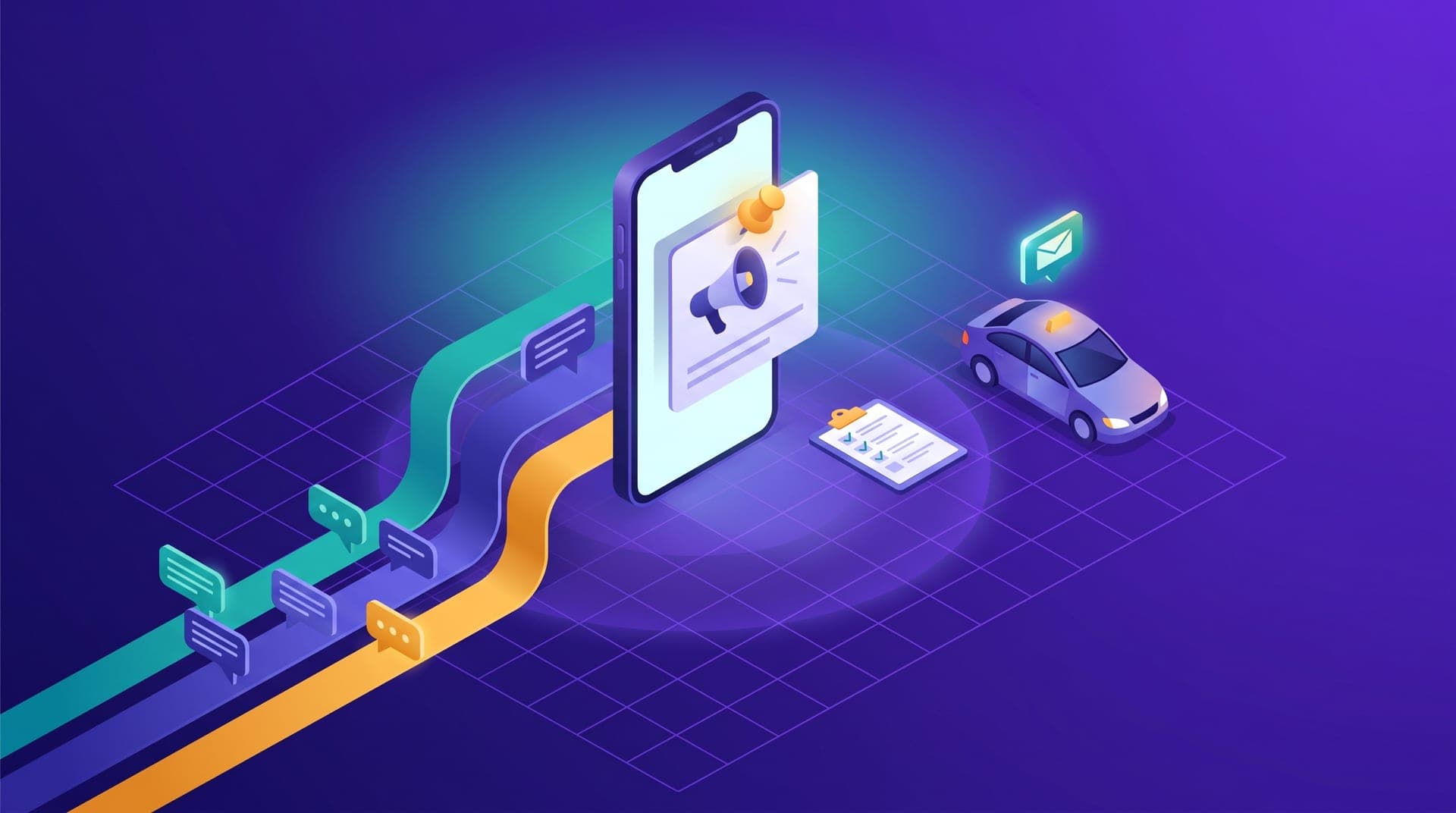 Isometric illustration of a phone with a notices channel, chat bubbles organised into lanes and a ride-hailing car receiving a message.