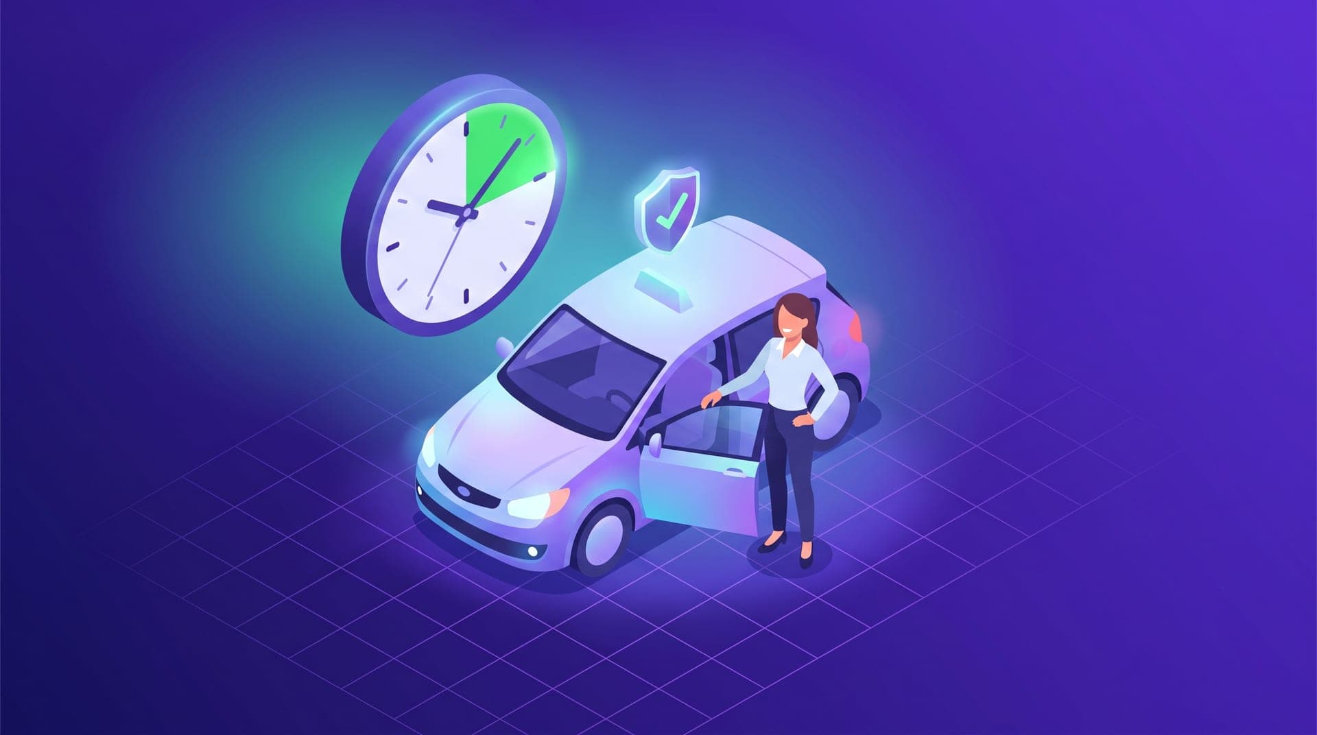 Ilustración isométrica de una conductora junto a su taxi, un reloj con horario de mañana y un escudo de seguridad.