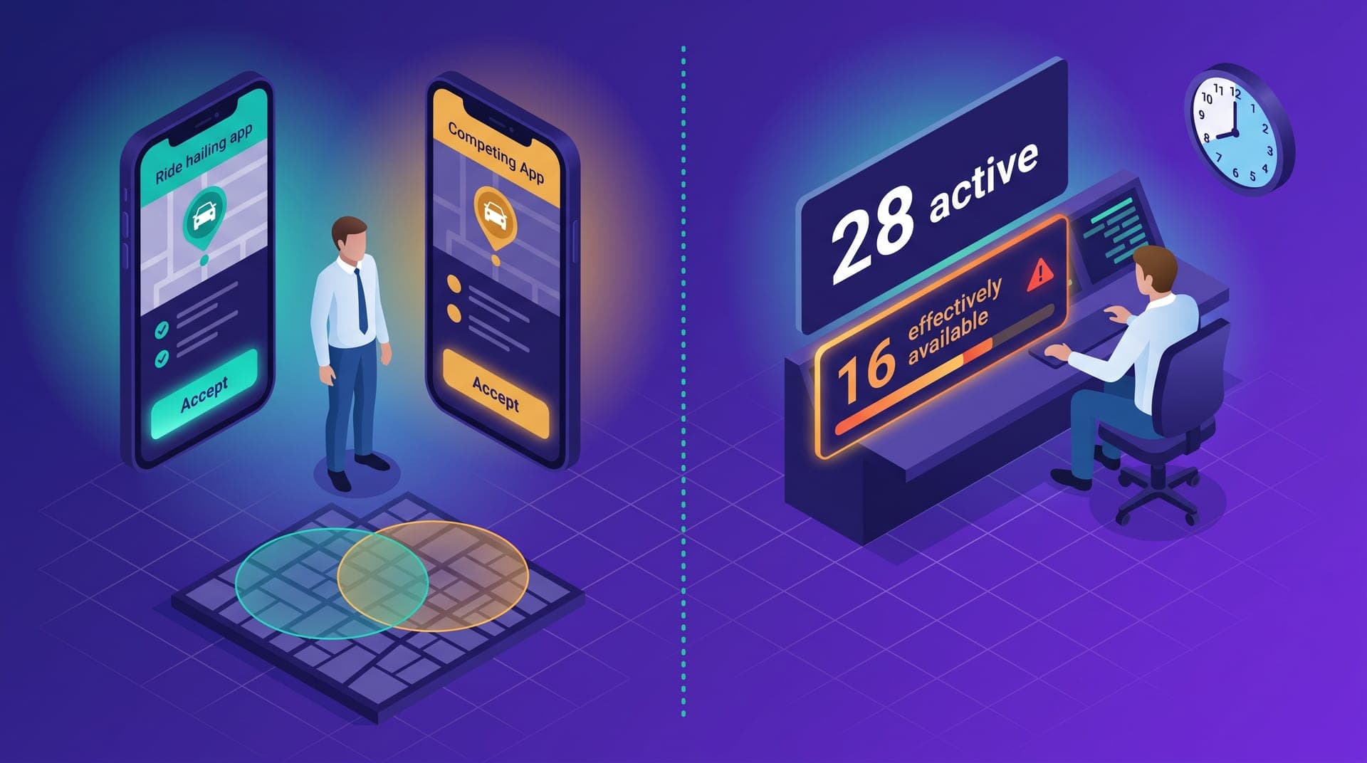 Split isometric illustration: on the left, a driver in front of two phones showing different app interfaces with distinct colored accept buttons, over a map with two overlapping coverage circles. On the right, an operator at a console with a large counter reading '28 active' and an orange secondary panel indicating '16 effectively available' with a gap bar.