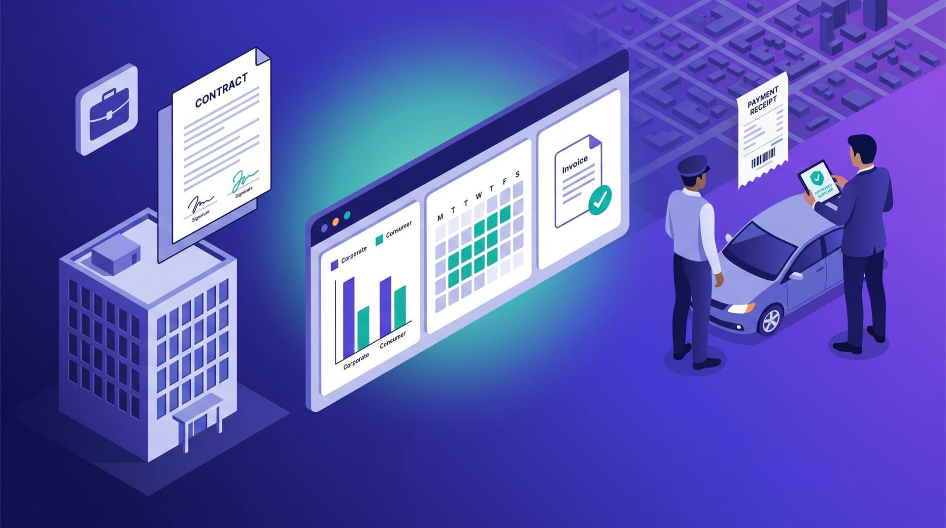Isometric illustration of a regional mobility operator managing their first corporate account: a corporate office building with a signed contract badge, a dashboard panel showing corporate vs consumer trip volumes, and a driver beside a company vehicle with an approved invoice receipt floating between both parties