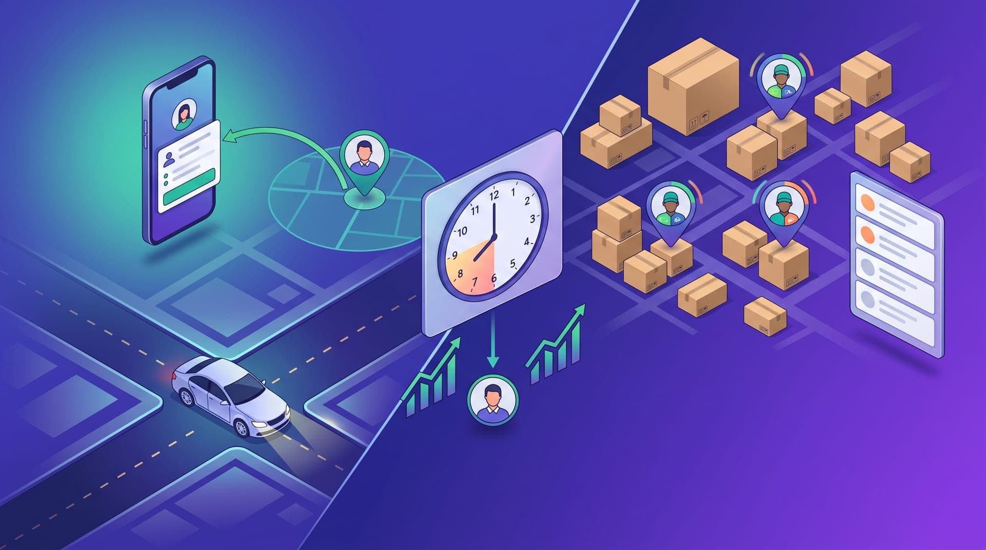 Isometric illustration of a mobility operation split in two: left side showing a smooth passenger trip, right side showing stacked delivery orders with dual-mode driver icons, and a central clock panel marking the peak-hour overlap between both services