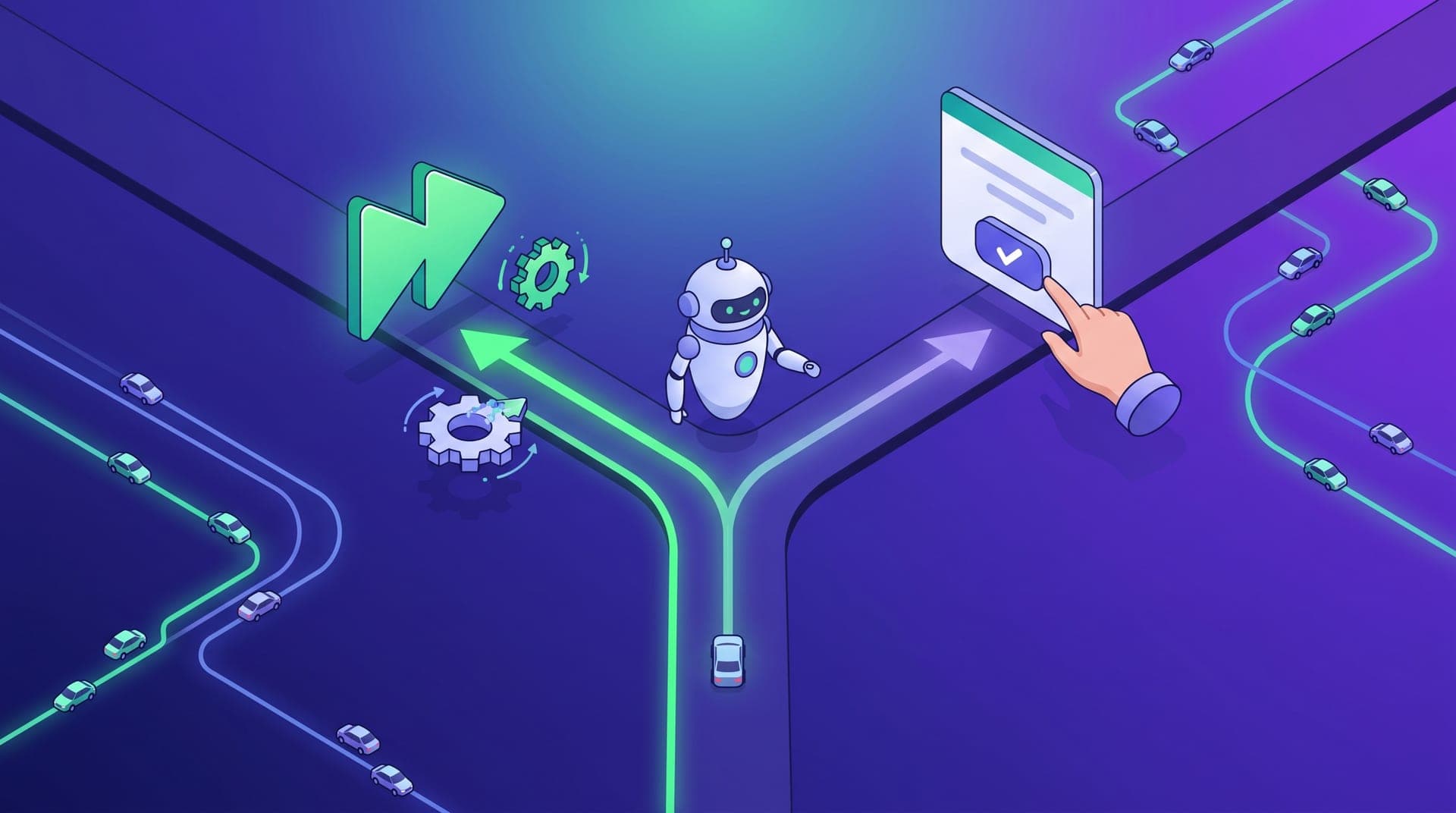 Isometric illustration of a robotic agent facing two paths: a green direct-execution lane and another with a floating confirmation card, over a mobility operation control panel