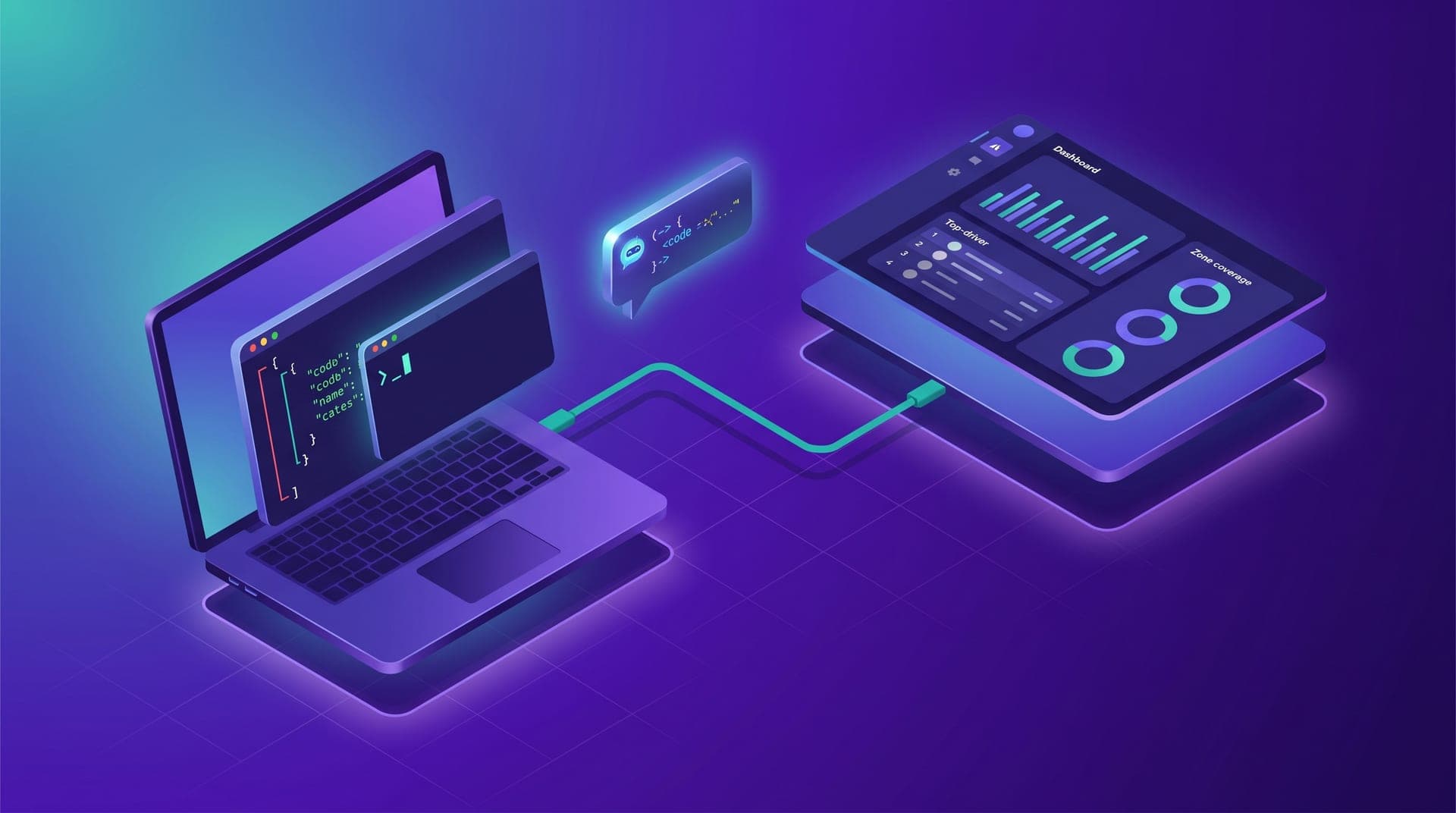 Ilustración isométrica de una laptop mostrando una respuesta JSON de la API a la izquierda y un panel de dashboard terminado con gráfico de barras y tabla a la derecha, conectados por un cable teal con una burbuja de chat de agente IA en el centro