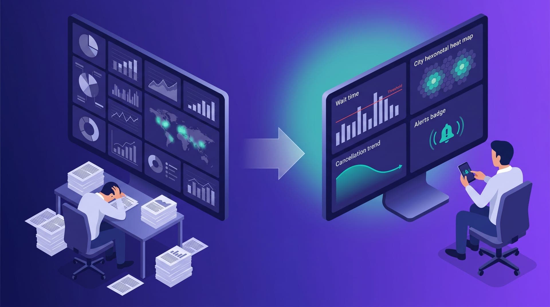 Isometric illustration of a ride-hailing operator simplifying their dashboard: on the left a monitor packed with 16 overlapping chart panels and an overwhelmed figure; on the right a clean dashboard with four high-contrast alert metrics and a composed operator reviewing a phone notification