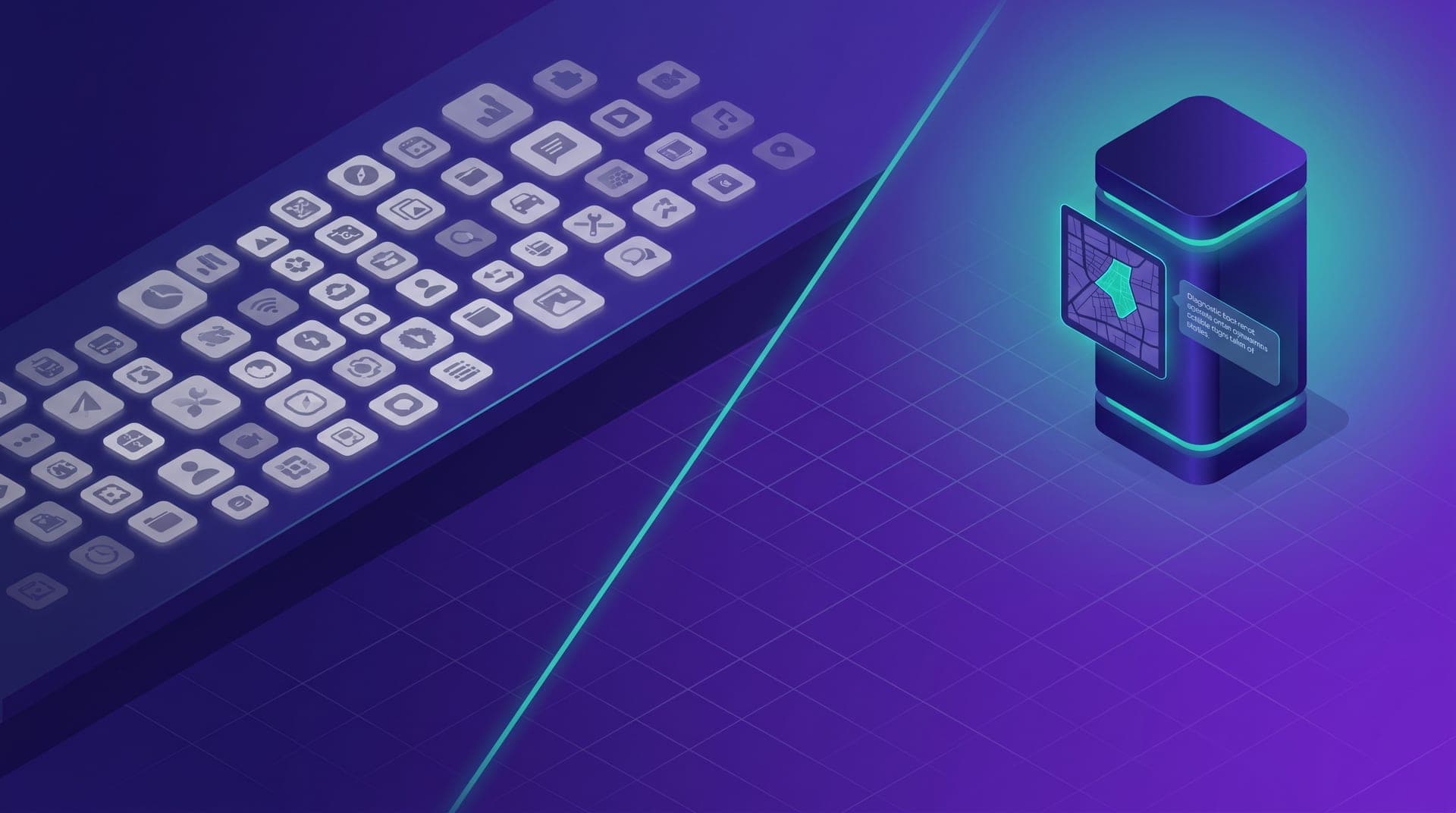 Isometric illustration of a fragmented horizontal platform with scattered generic icons on the left and a compact teal vertical tower with an agent panel and city map on the right, divided by a diagonal line of light