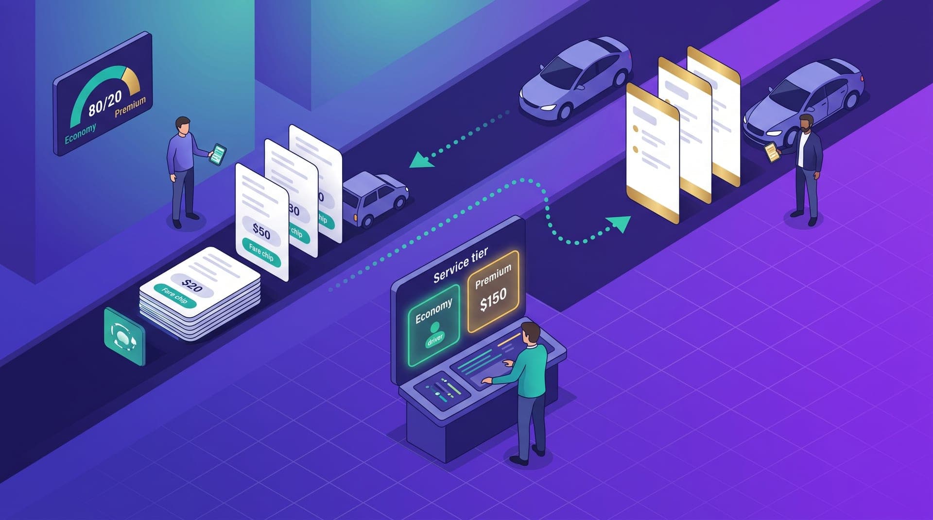 Isometric illustration split with two service tier lanes on a city grid. On the left, an economy driver with a standard vehicle and efficiently stacked trip cards. On the right, a premium driver with a higher-category vehicle and gold-accented higher fare cards. In the center, an operator at a configuration console with a service tier toggle showing an Economy slot glowing green and a Premium slot in amber, each with a price indicator and active driver counter
