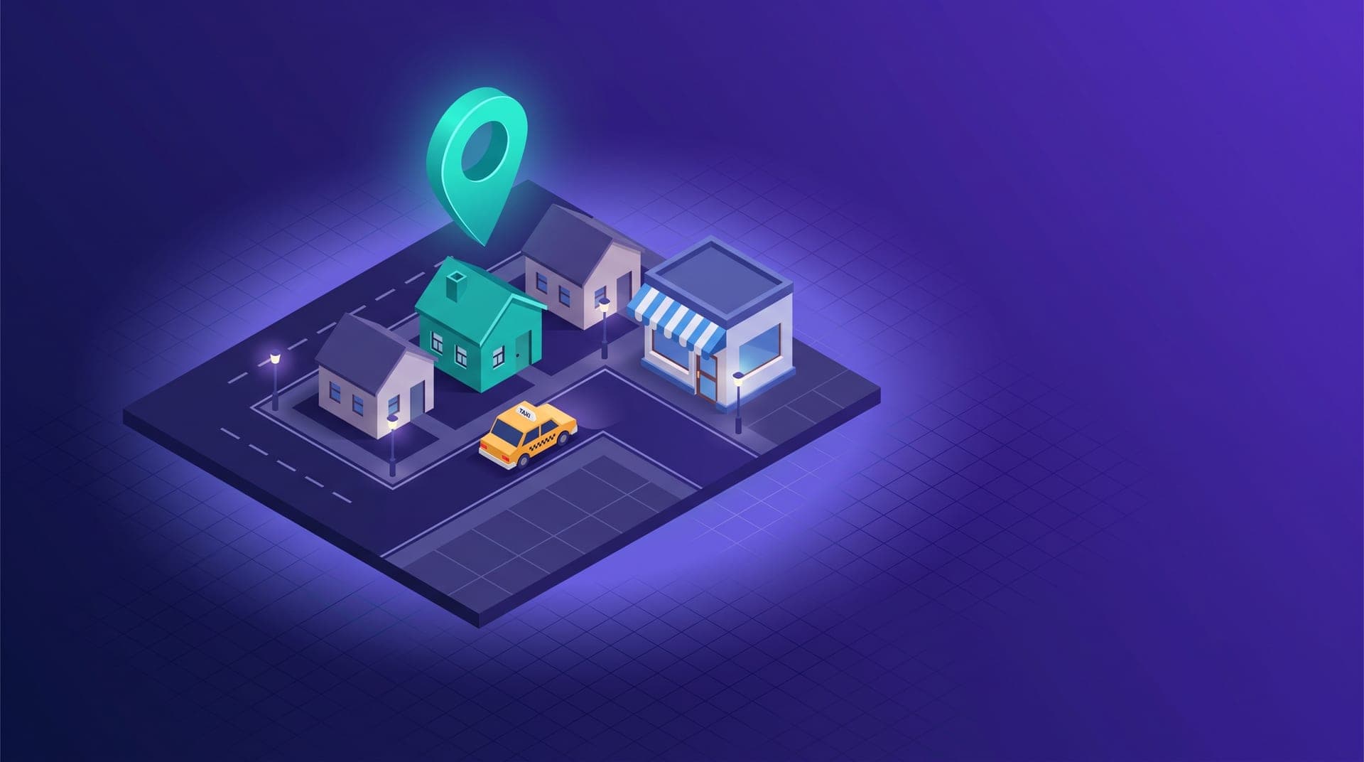 Isometric illustration of a neighbourhood with houses, a corner shop, a taxi and a location pin floating above a house.