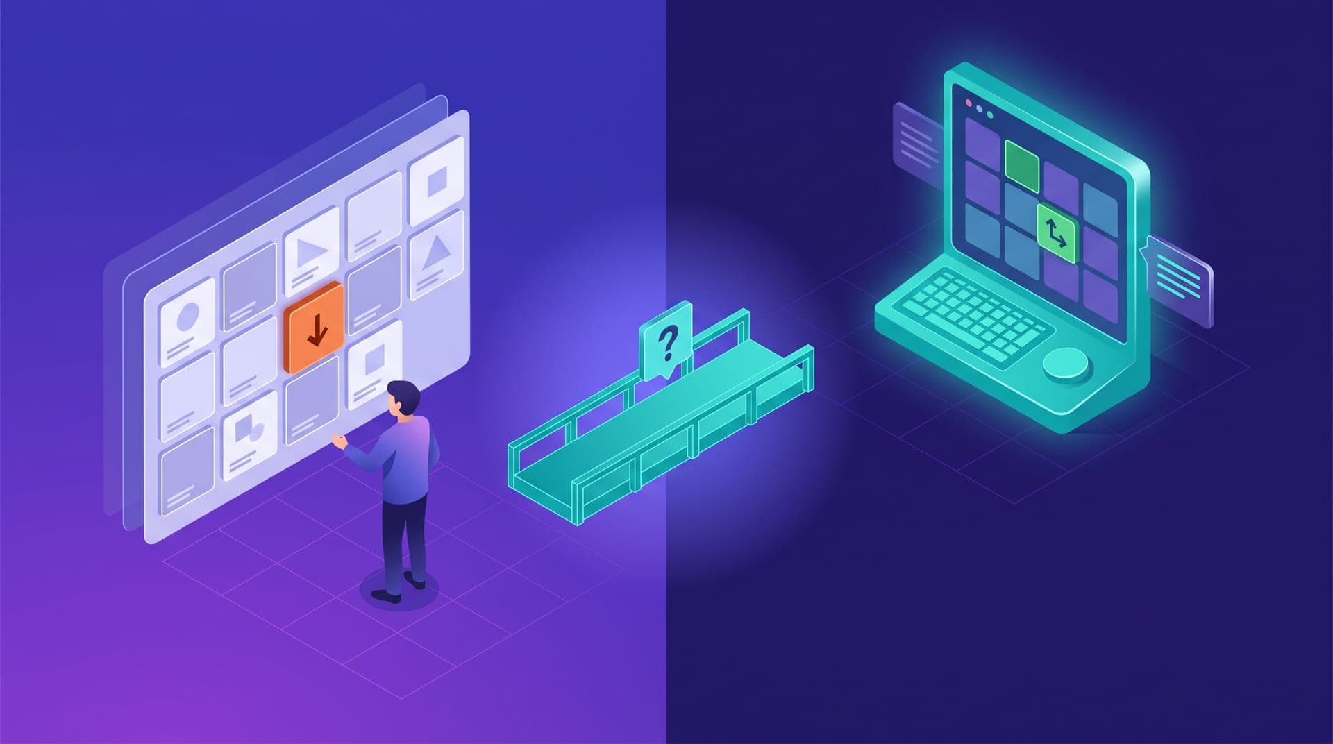 Isometric illustration of a coordinator figure facing a zone map with an orange-highlighted zone on the left, and an AI agent panel with a contrasting green diagnostic on the right, connected by a teal bridge with a question mark icon at the center