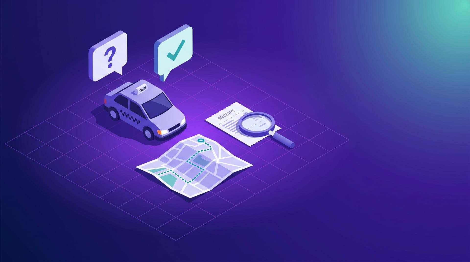 Isometric illustration of a taxi with two speech bubbles, a map with a marked route and a receipt under a magnifying glass.