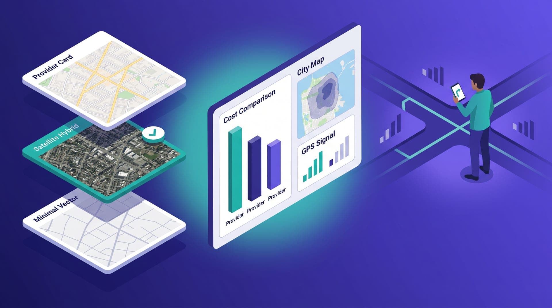 Isometric illustration of an operator evaluating maps providers for their ride-hailing app: three floating provider cards with distinct map styles, a dashboard panel comparing API costs, and a driver holding a phone showing turn-by-turn navigation in a low-connectivity zone