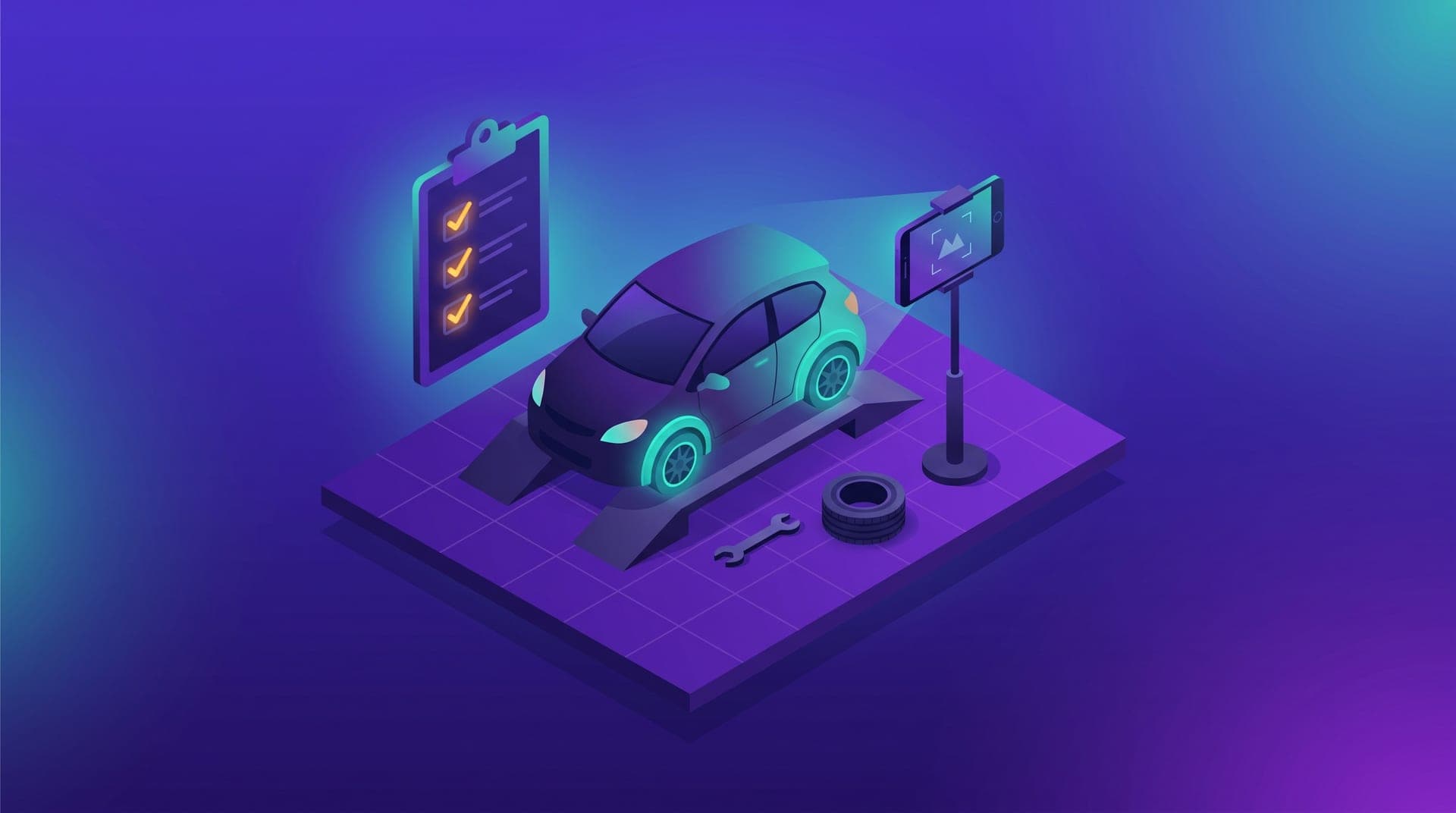 Isometric illustration of a ride-hailing car on an inspection ramp, with a checklist and a phone camera taking photos.