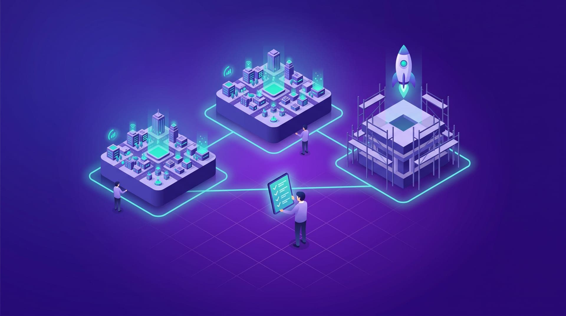 Isometric illustration of three urban platform blocks arranged in an arc: the two on the left fully built with active teal indicators and coordinators at the base; the one on the right under construction with an emerging rocket. A central operator holds a four-point checklist while teal lines connect the three blocks in a triangle