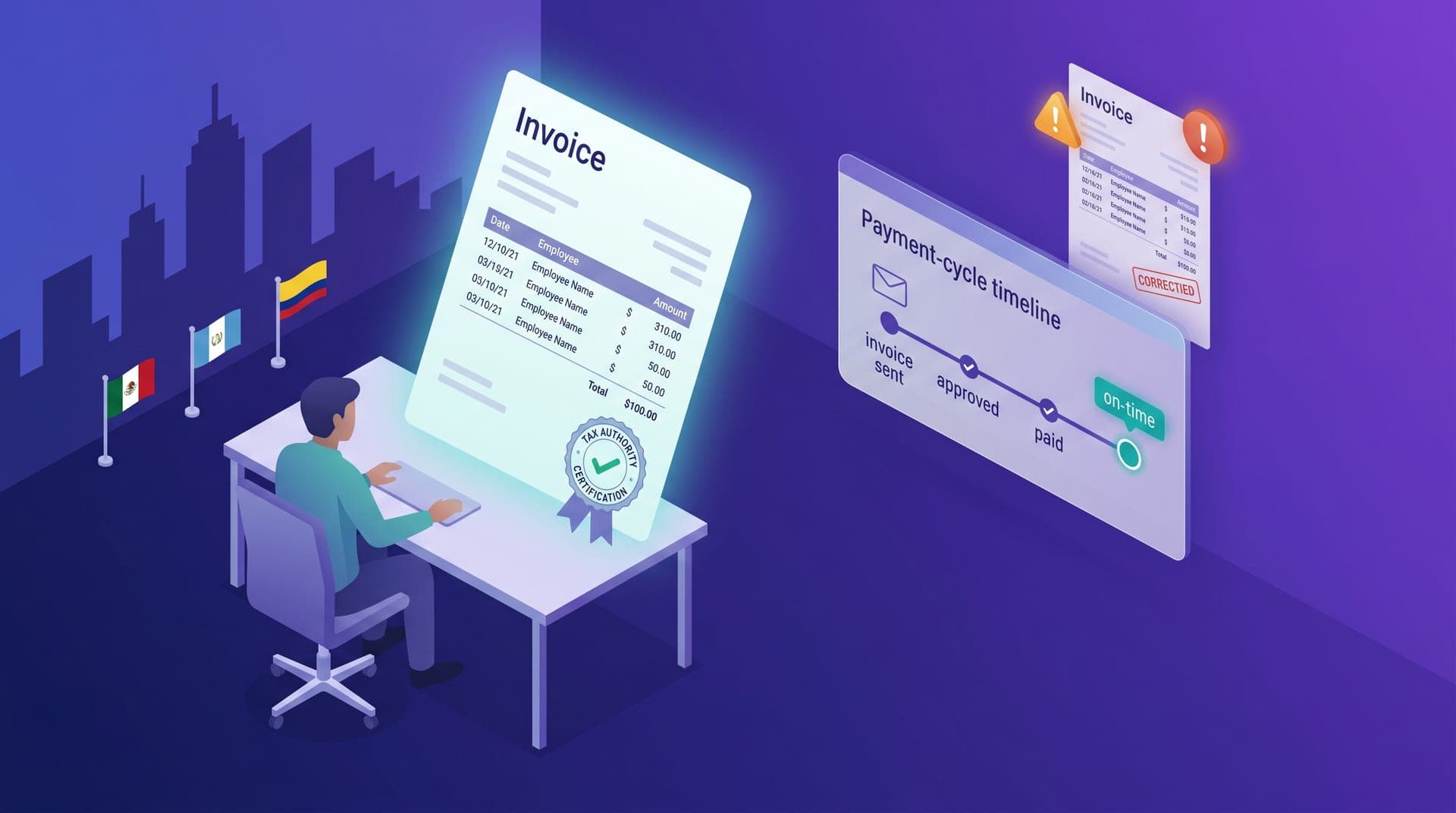 Isometric illustration of a ride-hailing operator reviewing a corporate electronic invoice: desk with a floating invoice document showing trip line items and a tax seal, a status panel with a green sent-invoice badge and a teal payment timeline