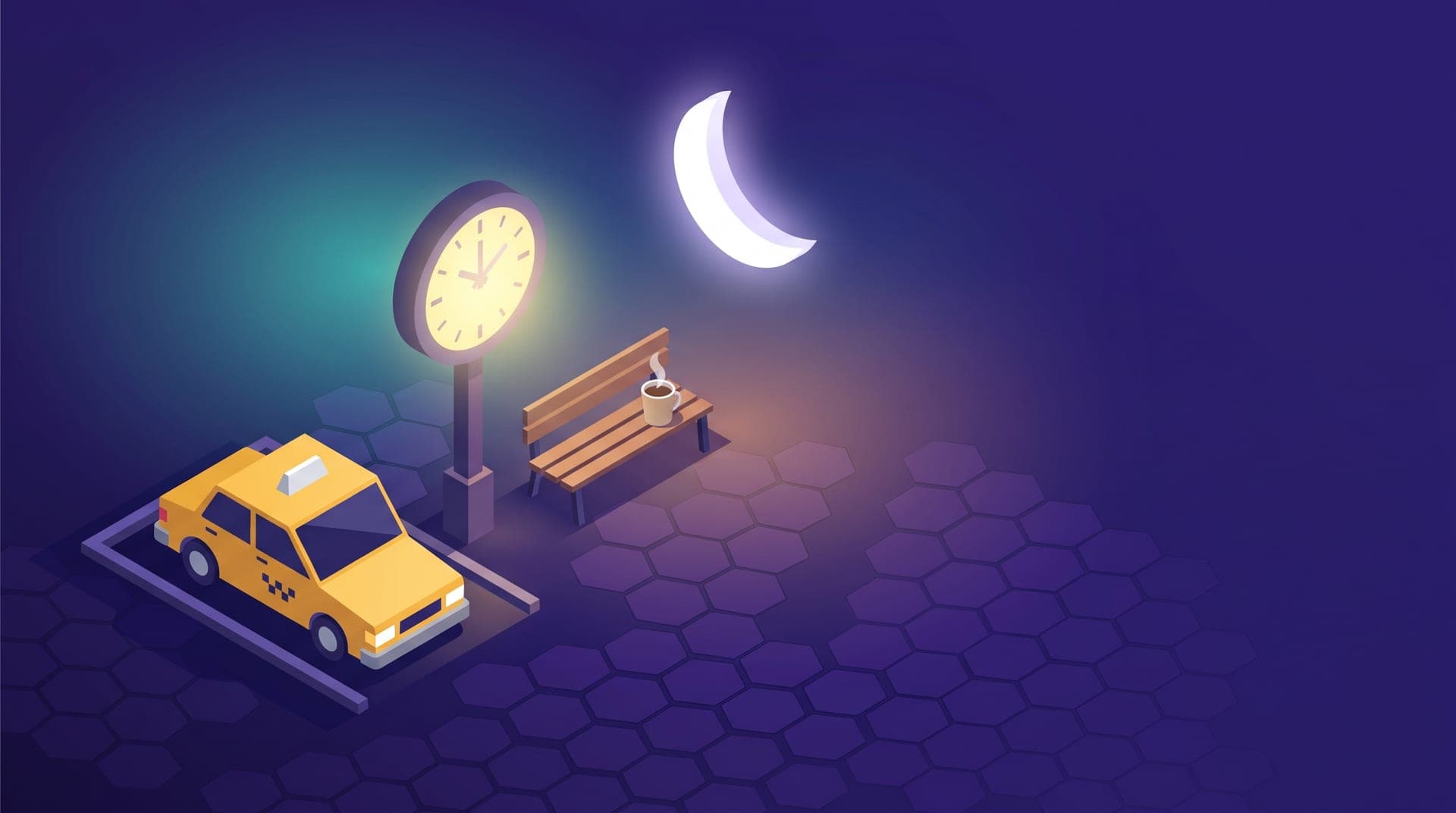 Ilustración isométrica de un taxi estacionado junto a un reloj grande y una banca de descanso con una taza de café.