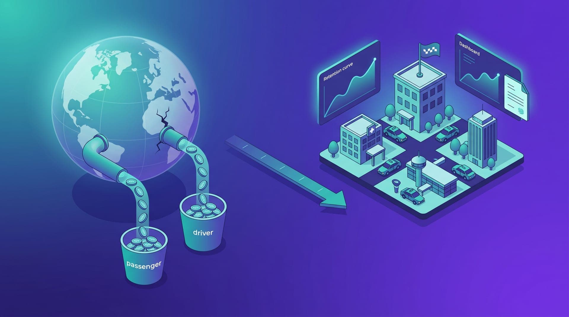 Isometric illustration contrasting a contracting global subsidy model with a local operator opportunity: on the left a global platform globe with diminishing coin flow, on the right a regional operator with drivers positioned at key city landmarks and a rising retention metric chart