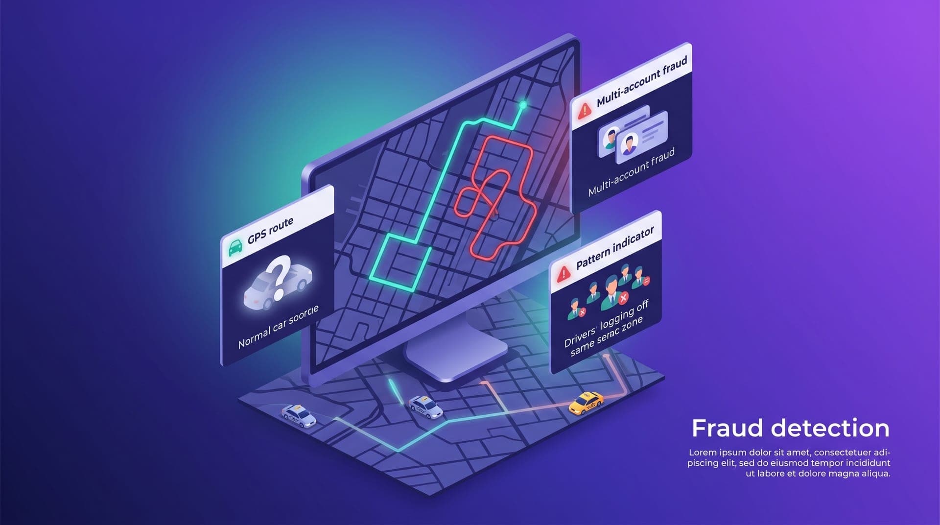 Ilustración isométrica de un panel de detección de fraude con trazas GPS anómalas y tarjetas de patrones flotando sobre un mapa de ciudad