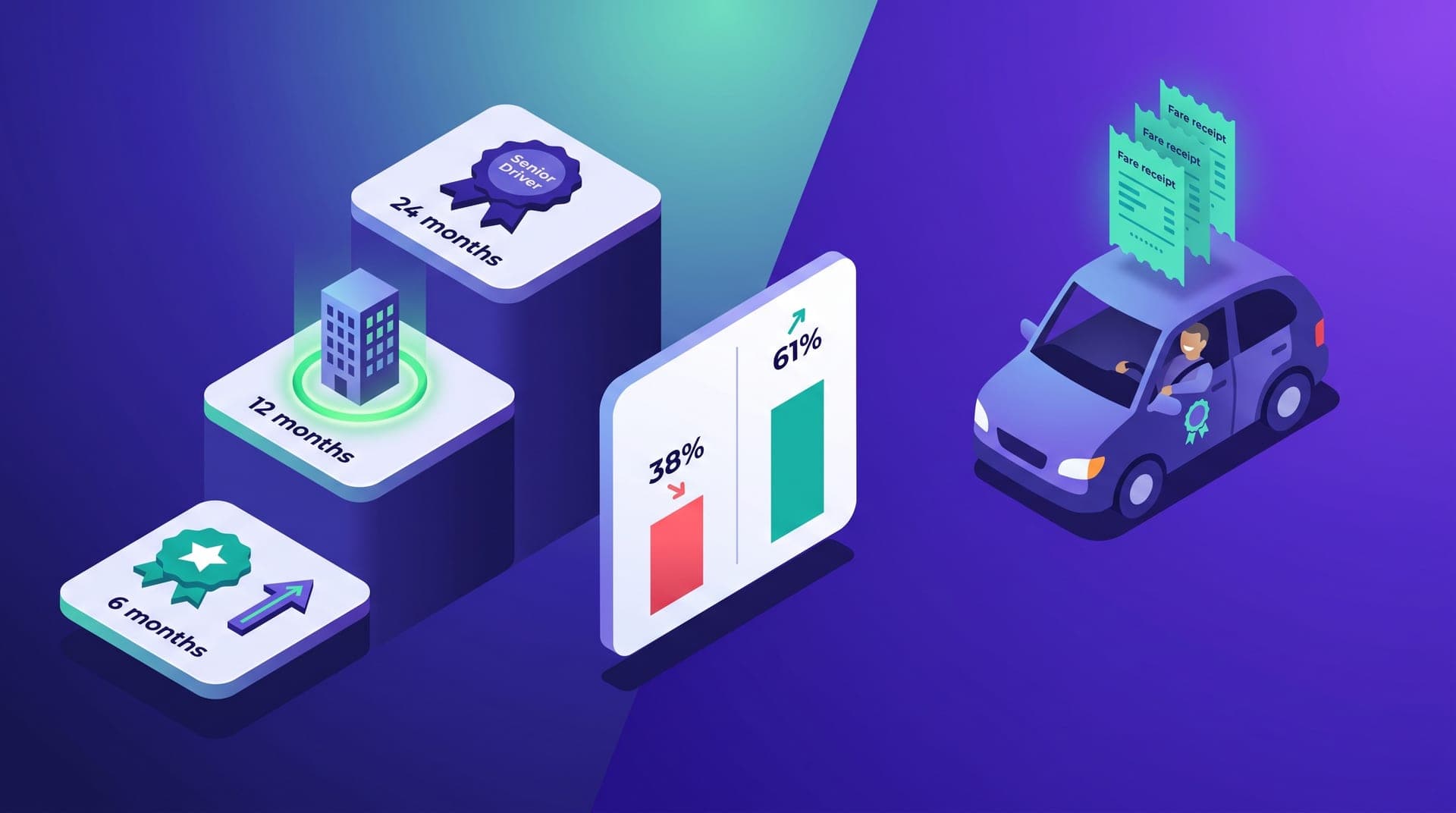 Ilustración isométrica de programa de incentivos para conductores en ride-hailing: escalera de hitos de antigüedad con tarjetas escalonadas a la izquierda, tarjeta analítica central comparando retención antes y después del programa, y conductor en vehículo con insignia senior a la derecha