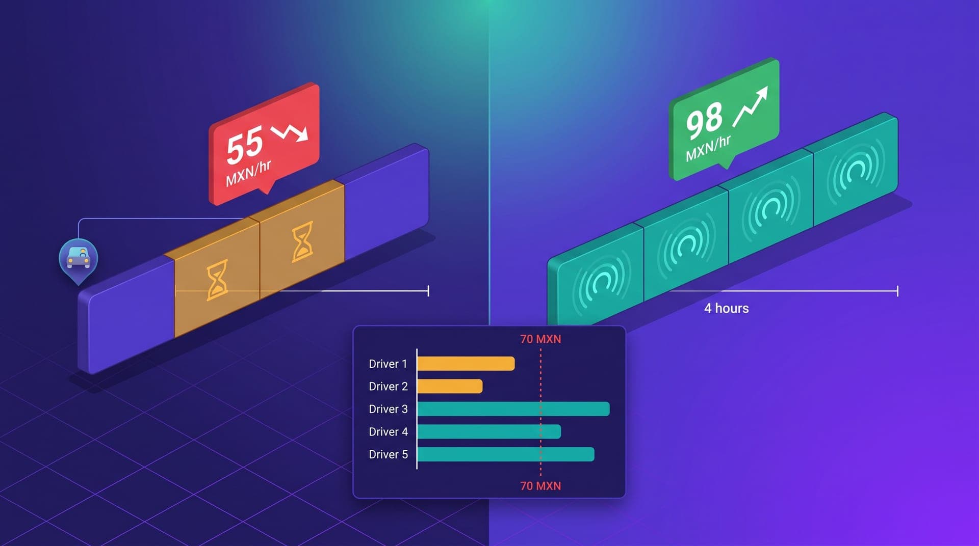 Isometric illustration split in two: on the left, a four-hour session bar with two empty amber segments representing idle time and a floating card showing 55 MXN/hour in red. On the right, the same bar with teal request rings at regular intervals and a card showing 98 MXN/hour in green. In the foreground, a horizontal bar chart of income per hour for five drivers with two amber bars below the red threshold line and three teal bars above.