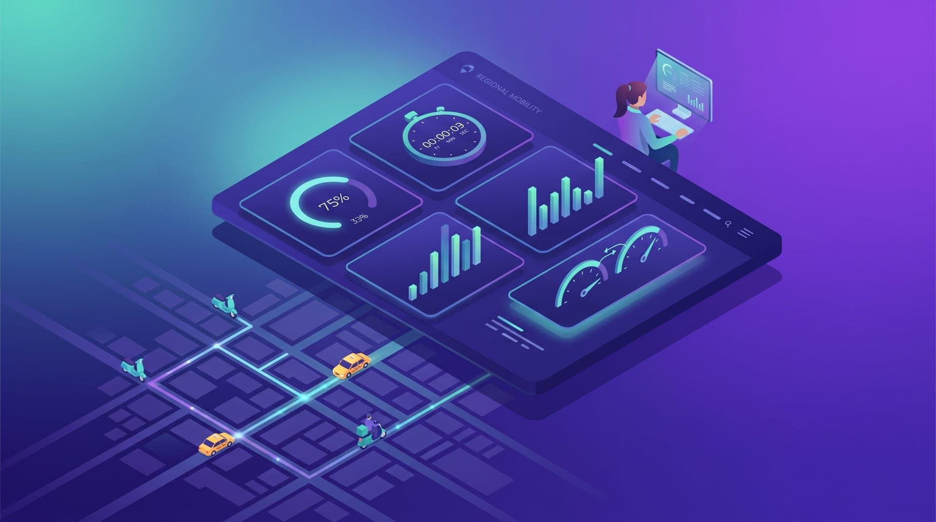Ilustración isométrica de un tablero de control con cuatro paneles de métricas flotando sobre una cuadrícula urbana con rutas de vehículos activos