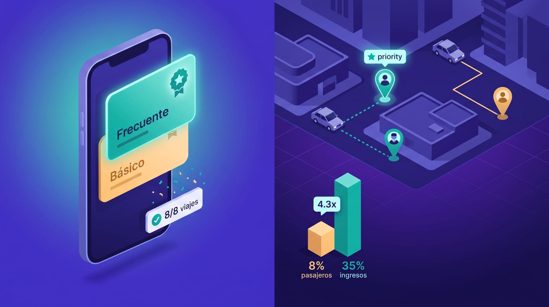 Split isometric composition. Left: a smartphone screen with a two-tier loyalty card — a teal 'Frecuente' badge with a star and a lower amber 'Básico' card, trip counter '8/8' with a teal checkmark. Right: an aerial city block view with a driver vehicle connected by a dotted teal line to a frequent passenger pin with a priority badge; a regular amber passenger pin in the background. Foreground: comparative bars — a short amber '8% pasajeros' bar and a tall teal '35% ingresos' bar with a floating '4.3x' multiplier.