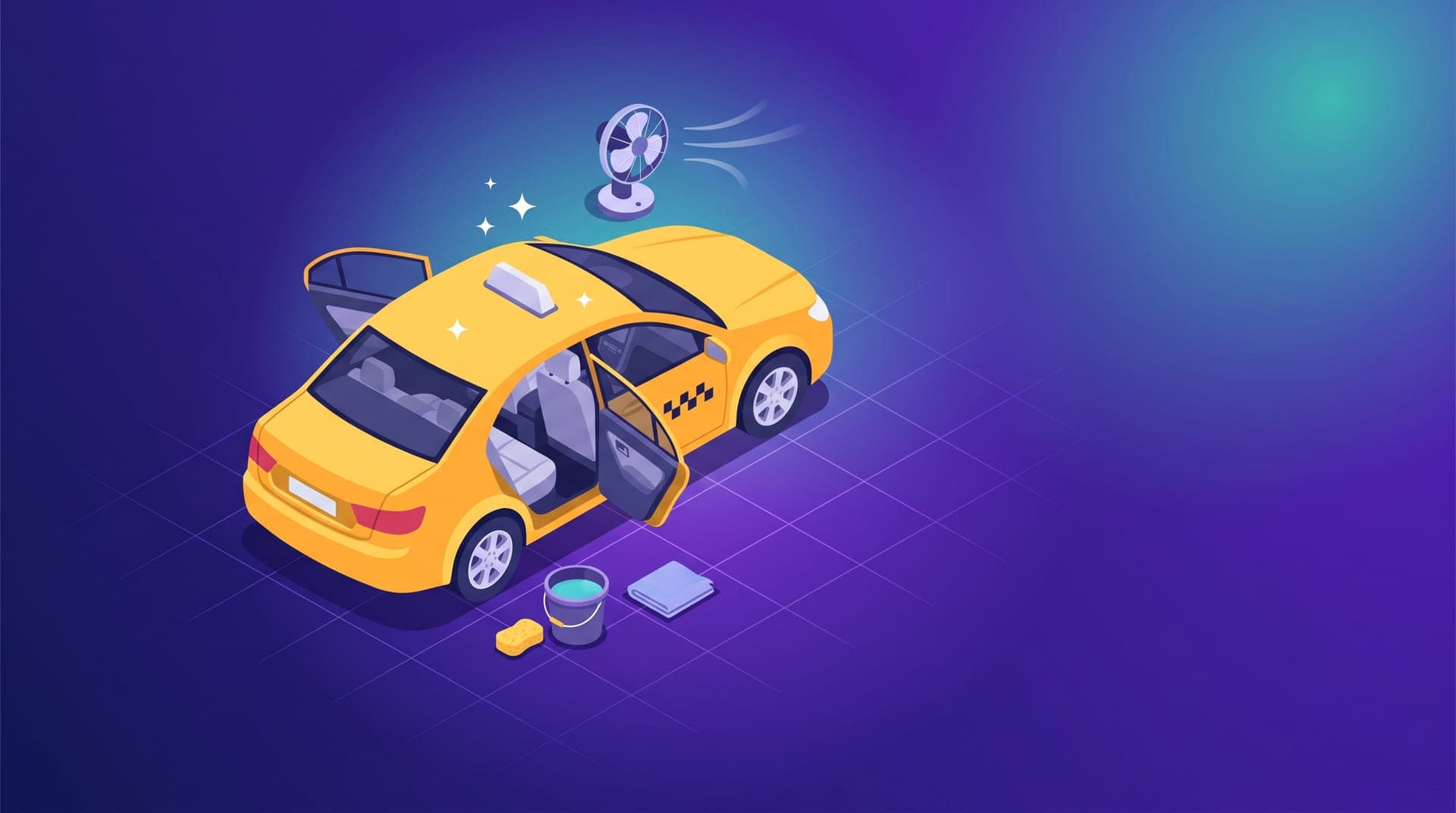Ilustración isométrica de un taxi con las puertas abiertas junto a una cubeta, un trapo y un pequeño ventilador.