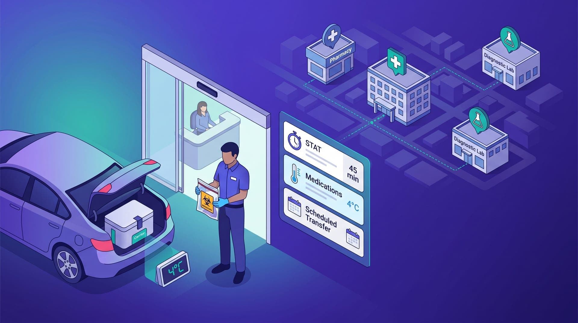 Isometric illustration of hospital logistics: a compact sedan with an insulated sample carrier in the trunk, a gloved uniformed driver holding a sealed sample bag at a hospital entrance, and a floating panel showing three route cards — STAT samples with a 45-minute clock, cold-chain medications with a thermometer, and a scheduled transfer with a calendar — connected by teal route lines