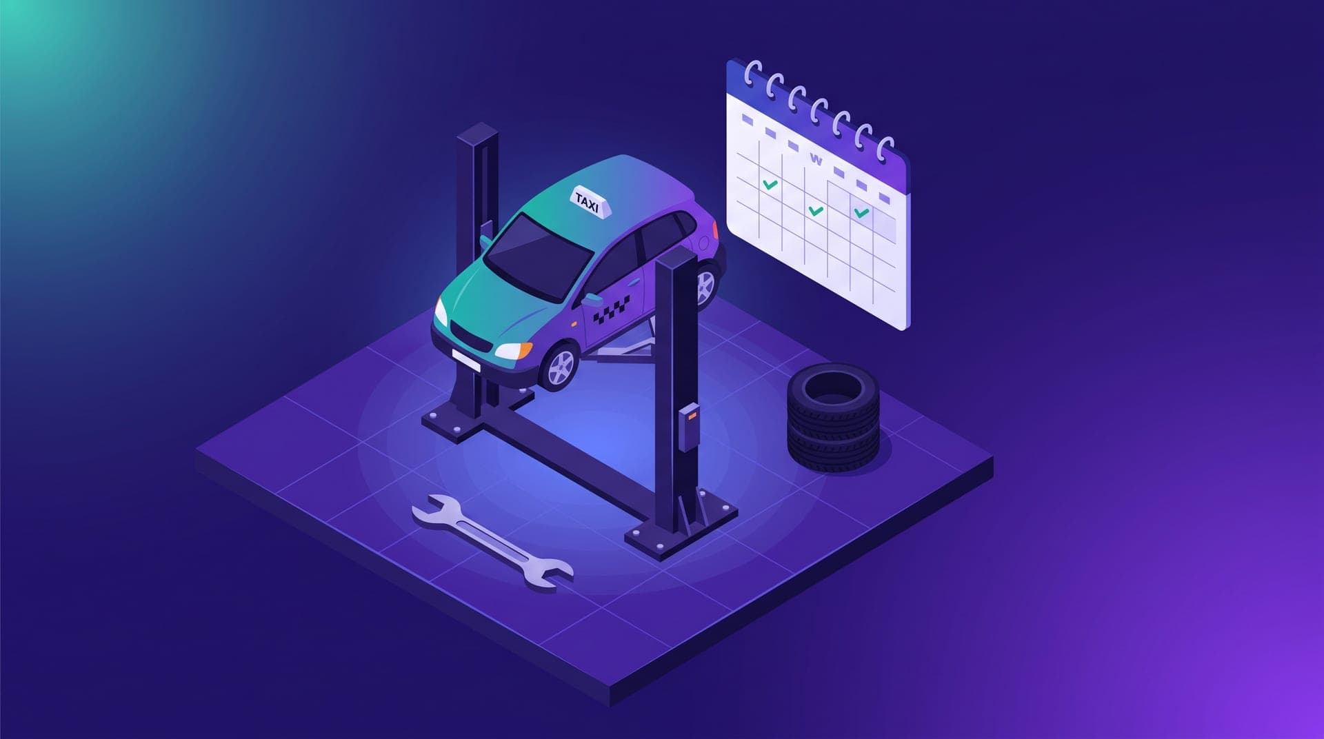 Isometric illustration of a taxi raised on a workshop lift, with a calendar, a tyre and a wrench.