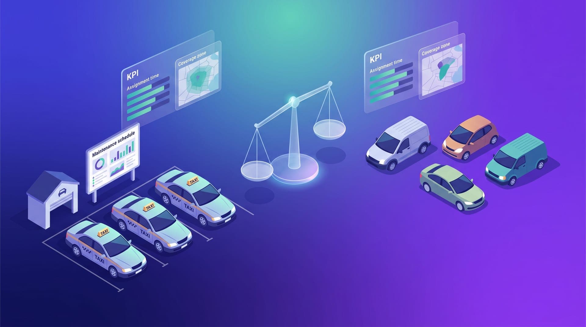 Ilustración isométrica comparando flota propia con vehículos uniformes y flota de afiliados con vehículos variados, con una balanza de costos y panel de cobertura flotando entre ambos