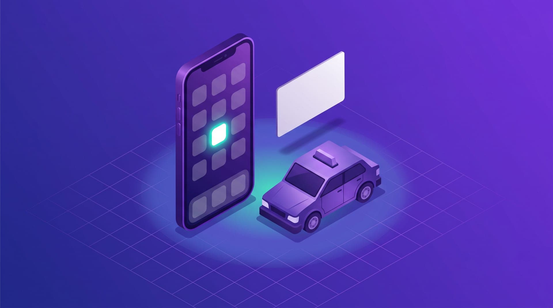 Isometric illustration of a large phone with blank app icons, a business card and a taxi with a plain door ready for its logo.