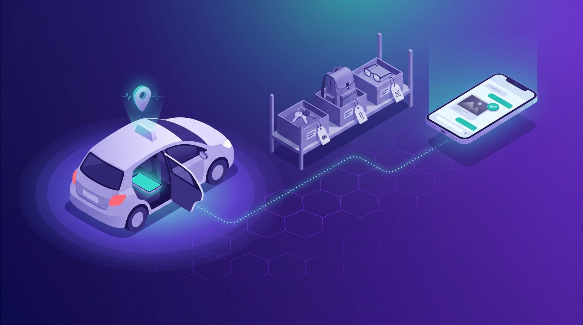 Isometric composition with a ride-hailing car and a forgotten phone glowing on the back seat, a labeled custody box with items, and a smartphone showing a handover confirmation.