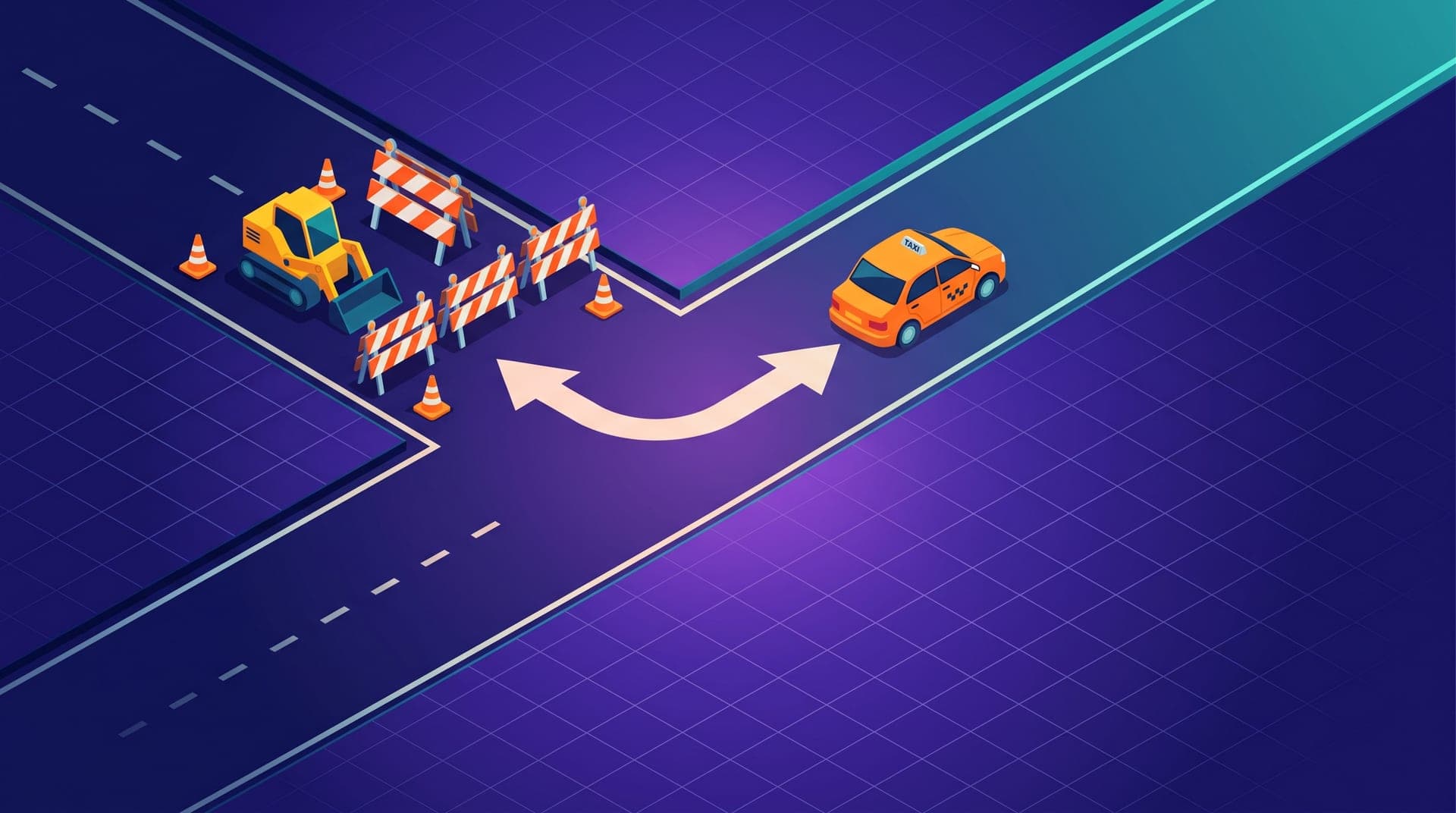 Ilustración isométrica de una calle con vallas de obra y conos, una flecha de desvío y un taxi tomando la ruta alterna.