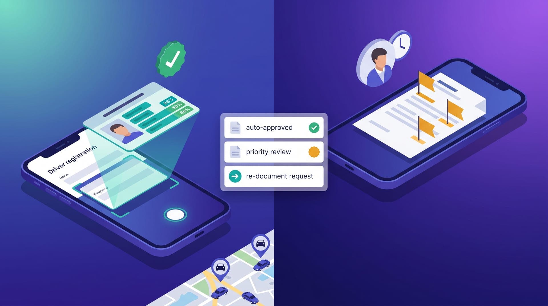 Isometric illustration of automatic driver document validation: a phone scanning a license with per-field confidence badges in teal and green, a secondary screen with amber-flagged fields routed to human review, and a status panel showing three approval paths