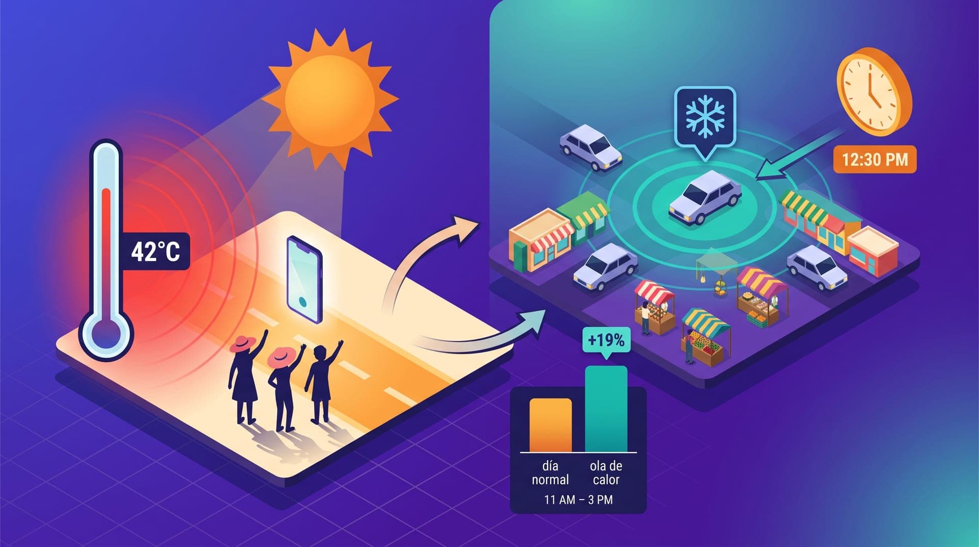 Split isometric illustration. Left: a thermometer showing 42°C with radiating red heat glow, three passengers on a sunny street wearing hats and raising their hands to request a ride. Right: a vehicle with an AC symbol over a market district with stalls and two cars converging toward a high-demand zone with pulsing teal rings and an amber clock showing '12:30 PM'. Foreground: bars comparing a normal day (short amber) versus a heat wave (tall teal) in the 11 AM–3 PM block with a '+19%' label.