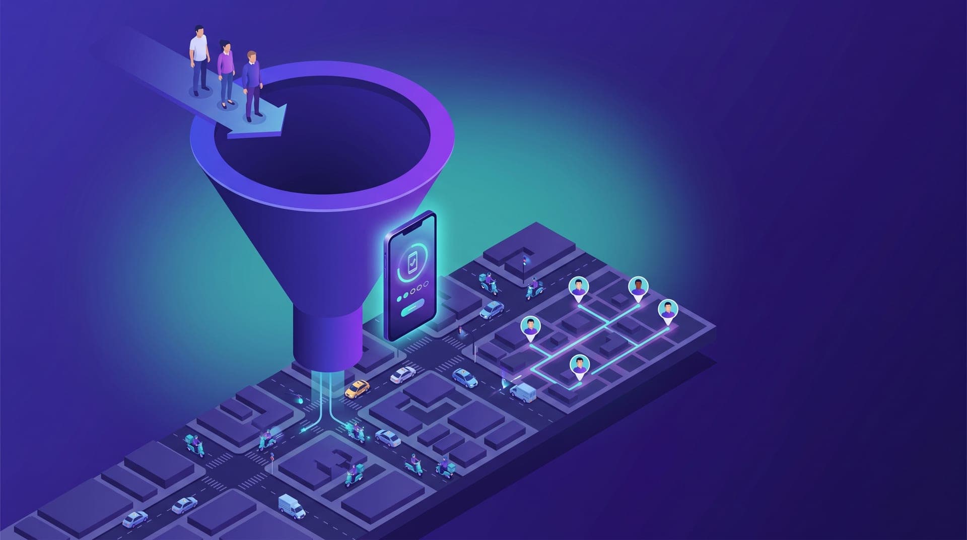Ilustración isométrica de un funnel de reclutamiento con conductores conectándose a una plataforma de movilidad sobre fondo índigo