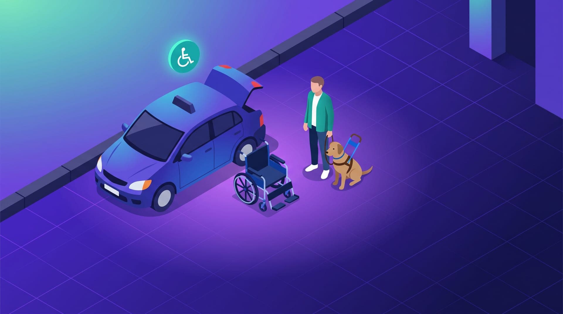 Ilustración isométrica de un taxi con la cajuela abierta, una silla de ruedas y un pasajero con perro de asistencia.