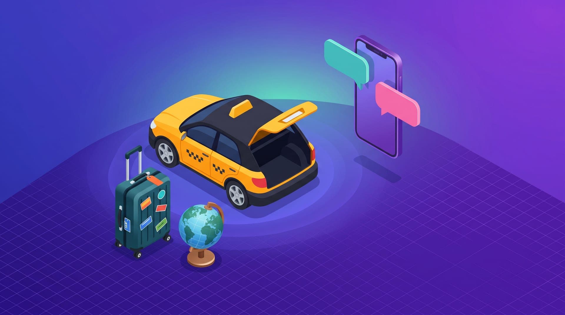 Isometric illustration of a taxi next to a suitcase with travel tags, a small globe and a phone with chat bubbles.