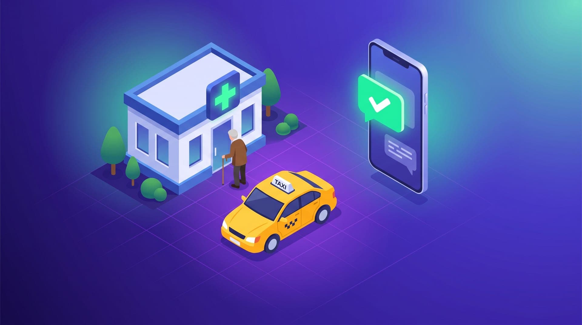 Isometric illustration of a taxi outside a clinic, an older person waiting and a phone showing an arrival message.