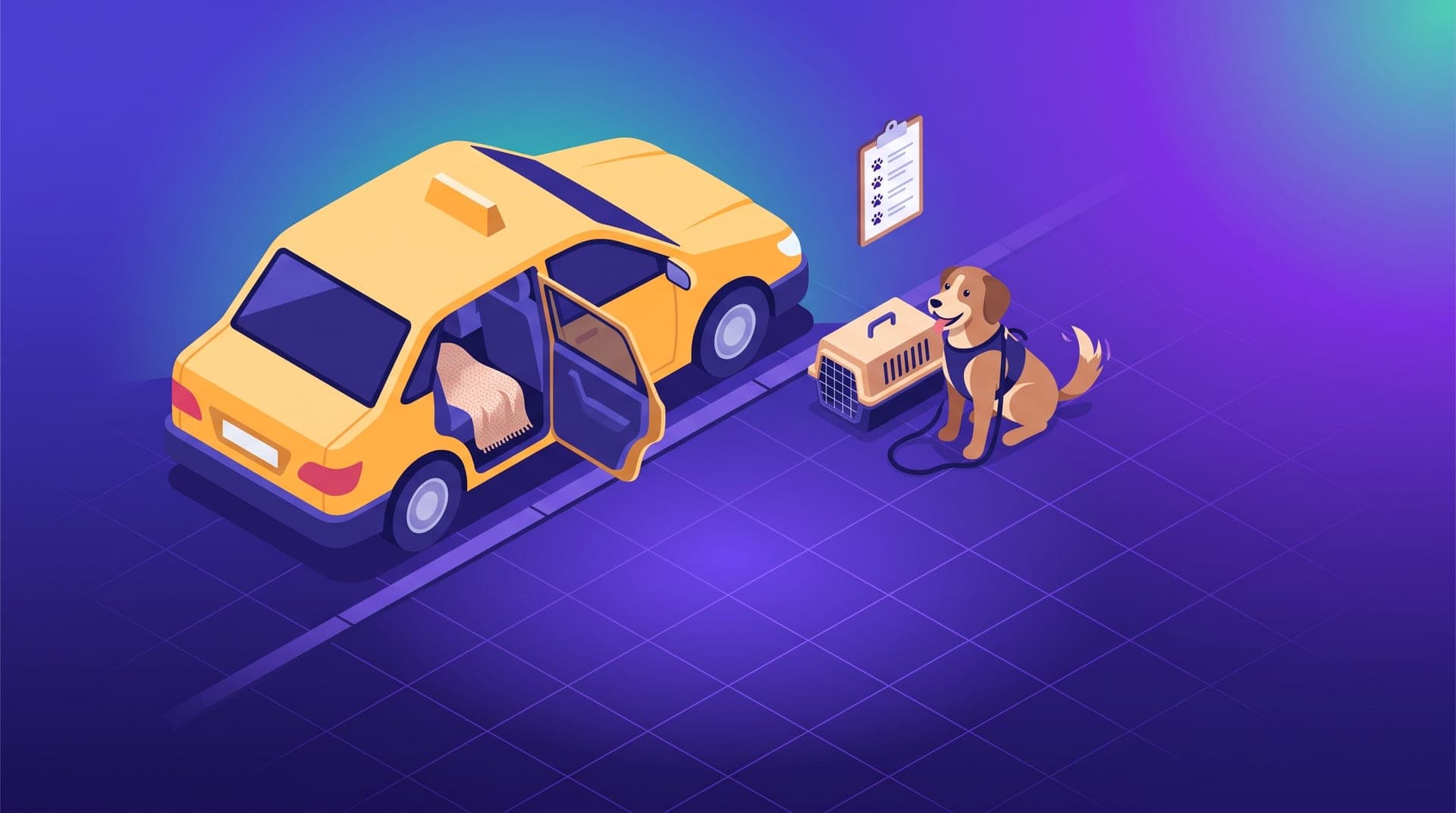 Ilustración isométrica de un taxi con la puerta trasera abierta, una transportadora de mascota y un perro con correa junto a la banqueta.