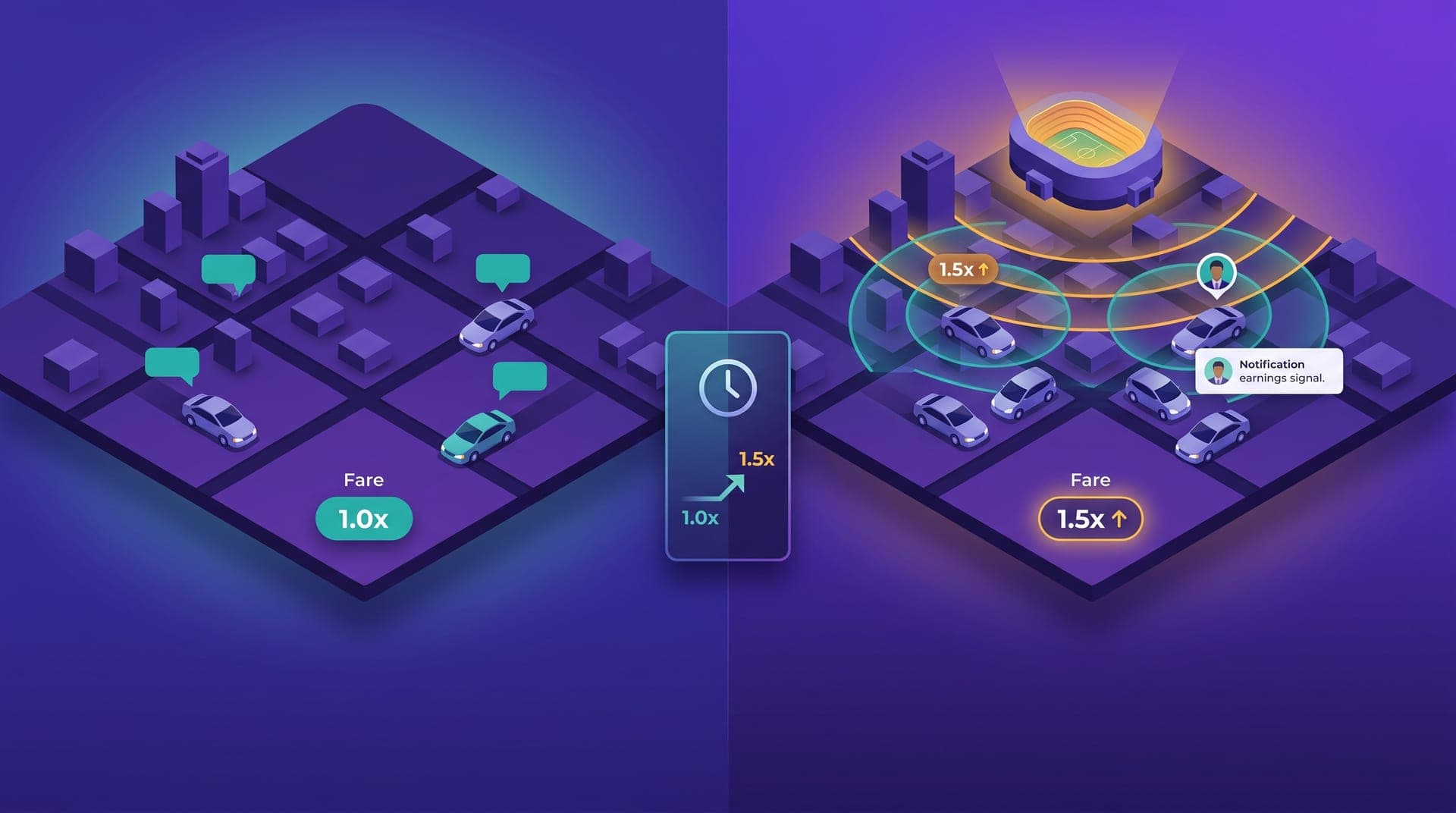 Isometric illustration split into two moments: on the left, a calm city grid with two vehicles and a 1.0x standard fare badge in teal. On the right, the same city during a demand peak with an amber-lit stadium, four vehicles converging on the zone, and a 1.5x fare badge with an amber upward arrow. In the center, an activation panel with a clock shows the multiplier transition.