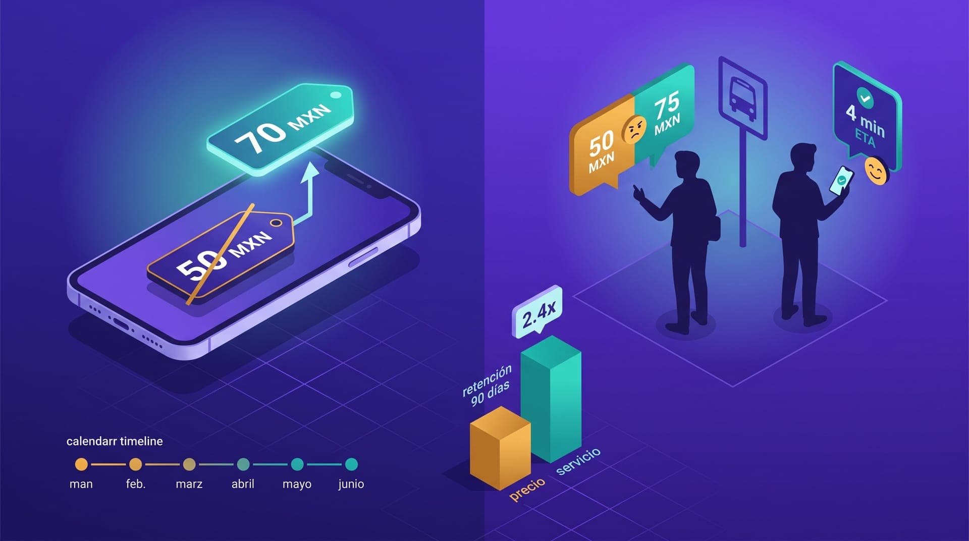 Composición isométrica dividida. Izquierda: smartphone con dos etiquetas de precio apiladas — una etiqueta inferior '50 MXN' con tachado ámbar y una etiqueta superior '70 MXN' iluminada en teal, conectadas por flecha ascendente; calendario con 6 meses marcados de ámbar a teal debajo. Derecha: dos siluetas de pasajero en parada de transporte, una con burbuja de comparación '50 MXN vs 75 MXN' y expresión de duda, la otra con pantalla de app mostrando '4 min' con expresión satisfecha. Primer plano: gráfica dual con barra ámbar corta 'precio' y barra teal alta 'servicio' con etiqueta '2.4x' entre ellas.