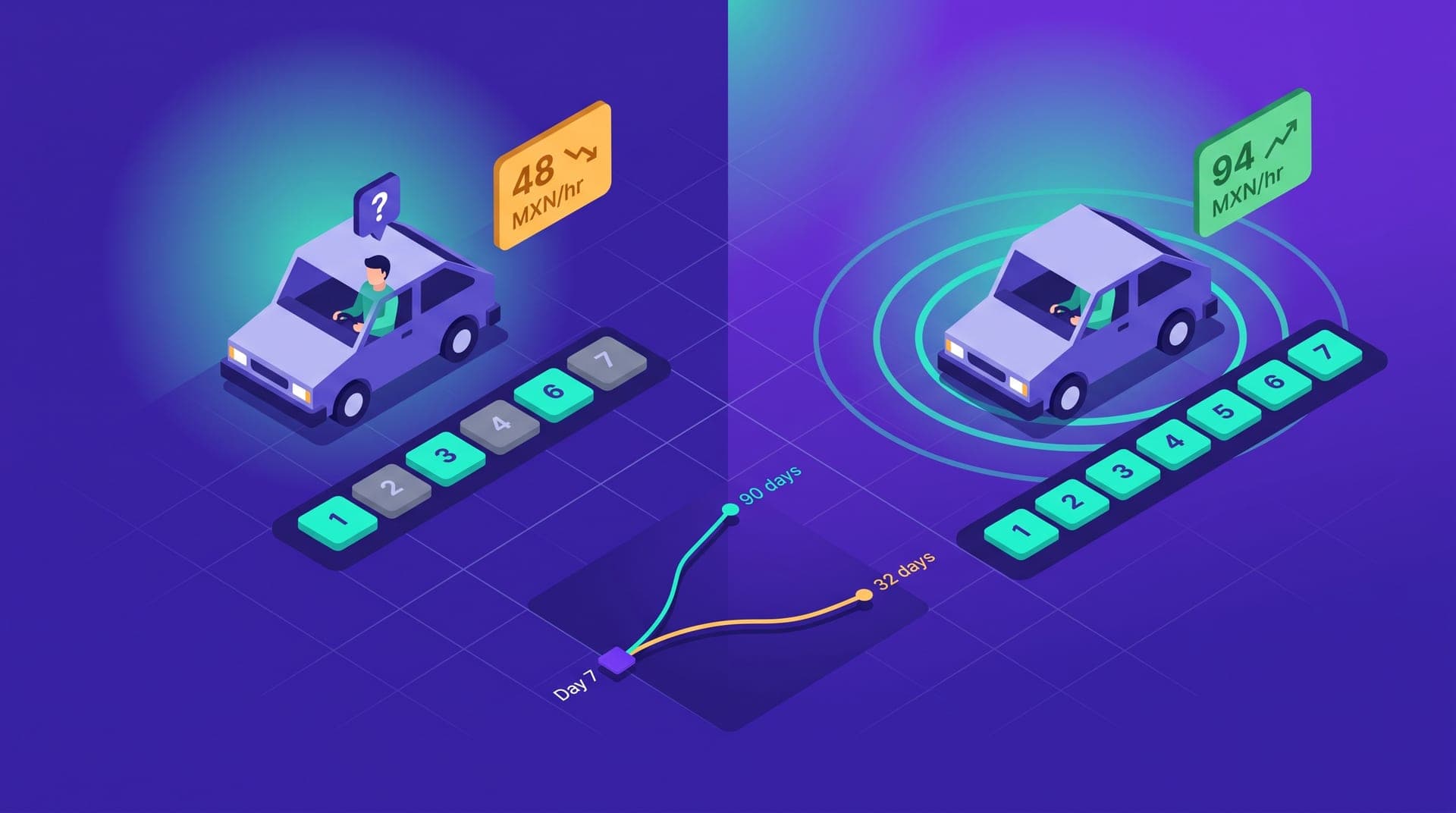 Isometric illustration split in two. Left: vehicle with new driver figure and question-mark badge, a seven-day timeline strip with three teal squares lit and four dim, floating amber card showing 48 MXN/hr. Right: same vehicle with all seven squares lit in teal, green card showing 94 MXN/hr and three pulsing request rings. Foreground: 90-day retention curve with two lines diverging from day 7, a teal line rising to 90 days and an amber line dropping toward 32.